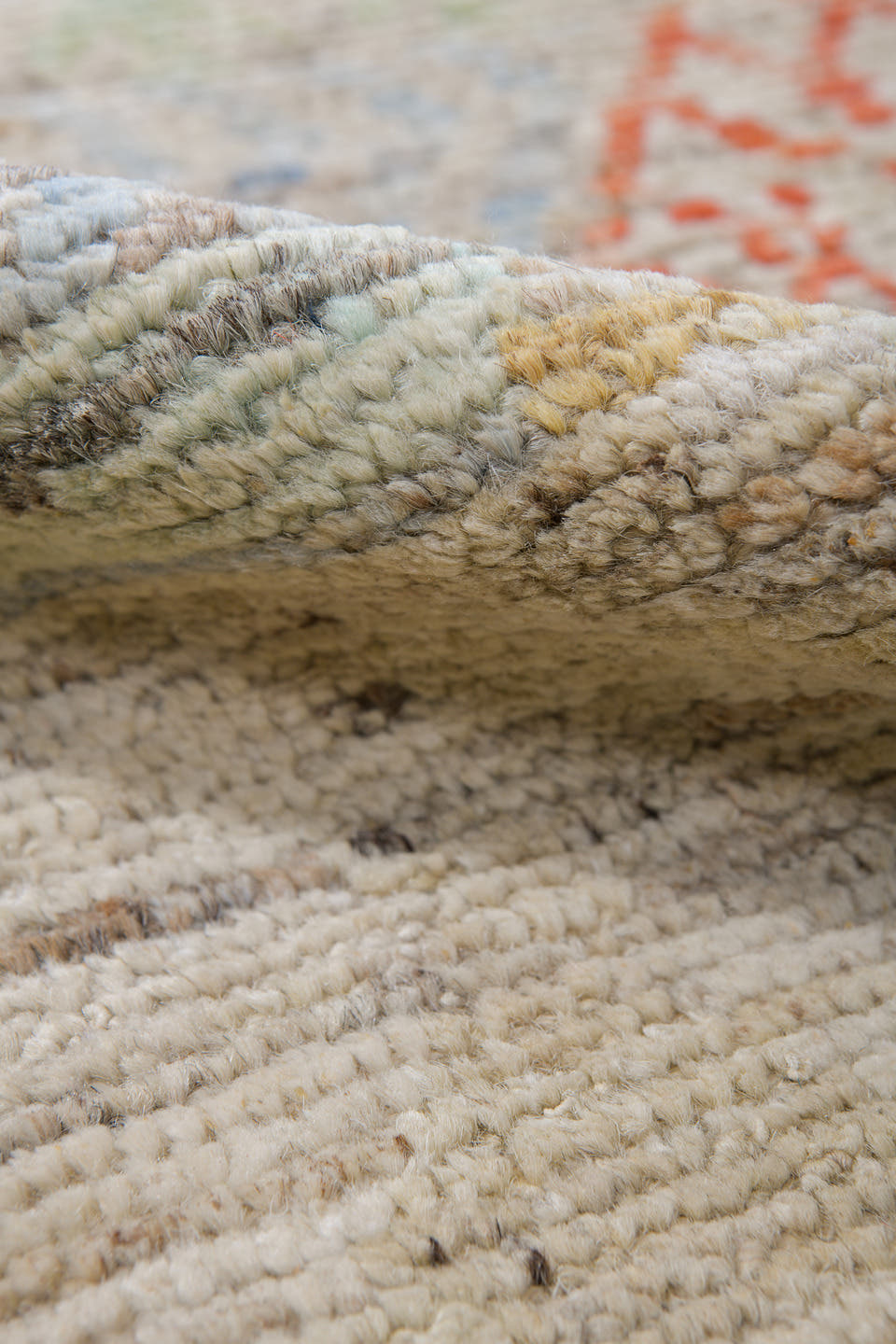 10' x 13' one-of-a-kind handmade vintage Tulu large size rug. Color palette: ivory, coral, pale gold, powder blue, beige