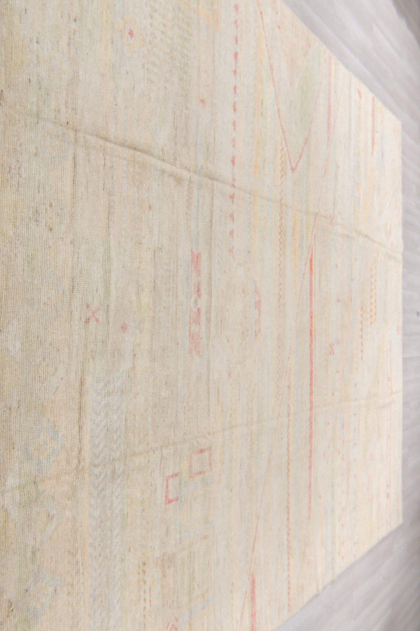 10' x 13' one-of-a-kind handmade vintage Tulu large size rug. Color palette: ivory, cream, blush, coral, pale sage, sand