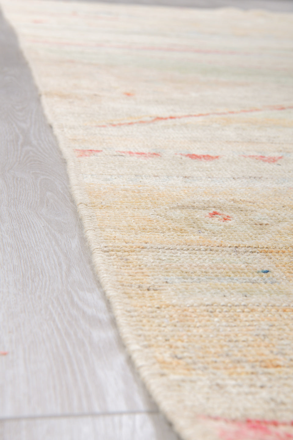 10' x 13' one-of-a-kind handmade vintage Tulu large size rug. Color palette: ivory, cream, blush, coral, pale sage, sand