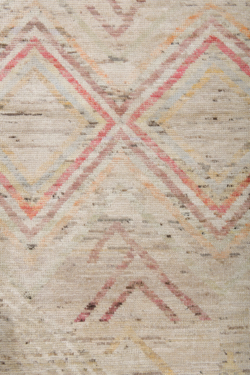 13' x 19' one-of-a-kind handmade vintage Tulu oversize rug. Color palette: ivory, blush, pale blue, saffron, coral, taupe