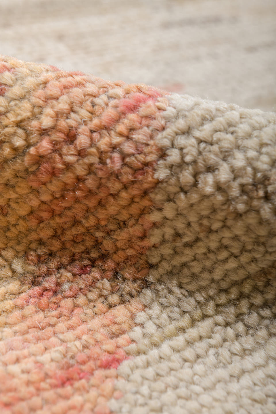 13' x 19' one-of-a-kind handmade vintage Tulu oversize rug. Color palette: ivory, blush, pale blue, saffron, coral, taupe