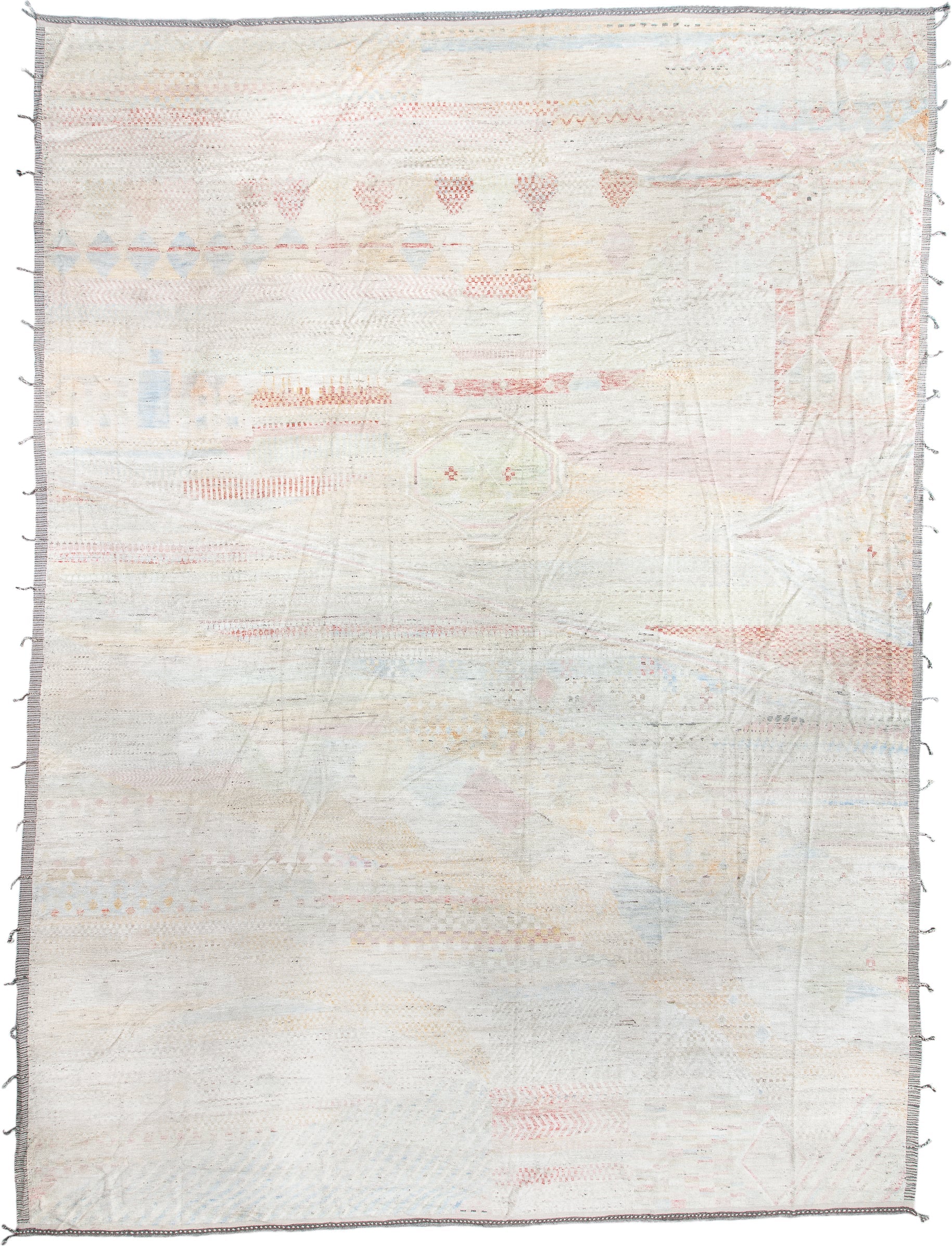 14' x 19' one-of-a-kind handmade vintage Tulu oversize rug. Color palette: ivory, blush, powder_blue, faded_coral, pale_gold