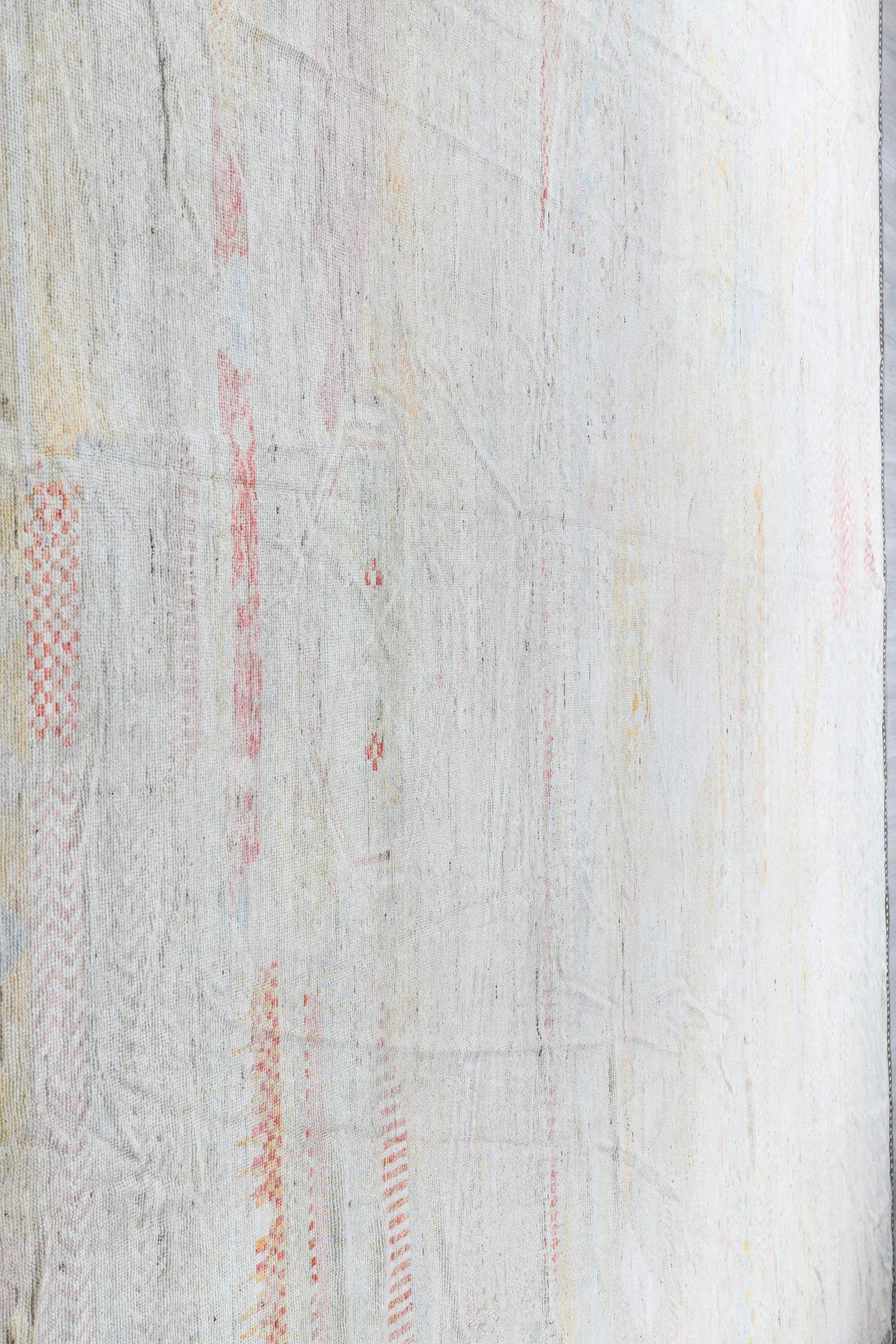14' x 19' one-of-a-kind handmade vintage Tulu oversize rug. Color palette: ivory, blush, powder_blue, faded_coral, pale_gold