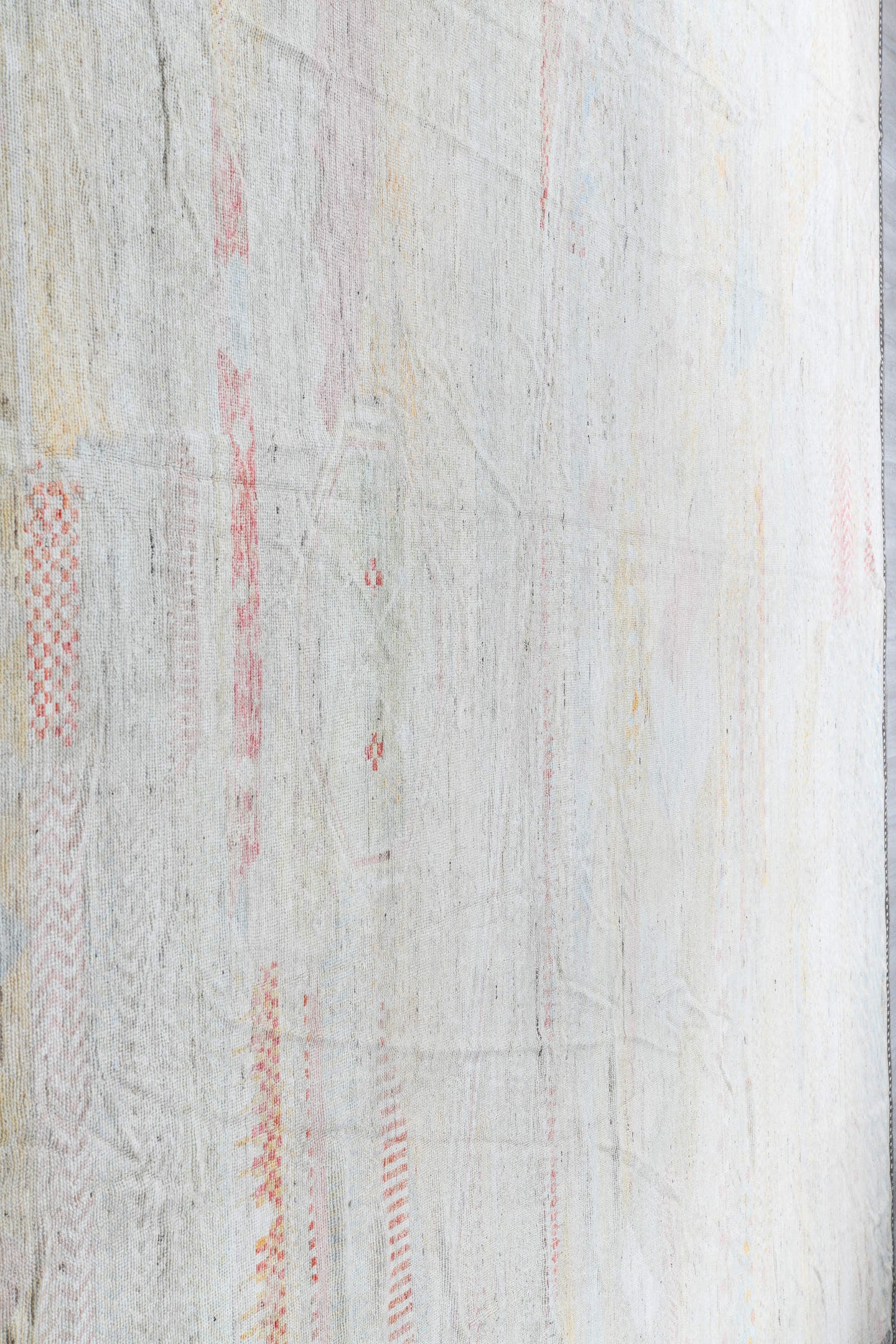 14' x 19' one-of-a-kind handmade vintage Tulu oversize rug. Color palette: ivory, blush, powder_blue, faded_coral, pale_gold