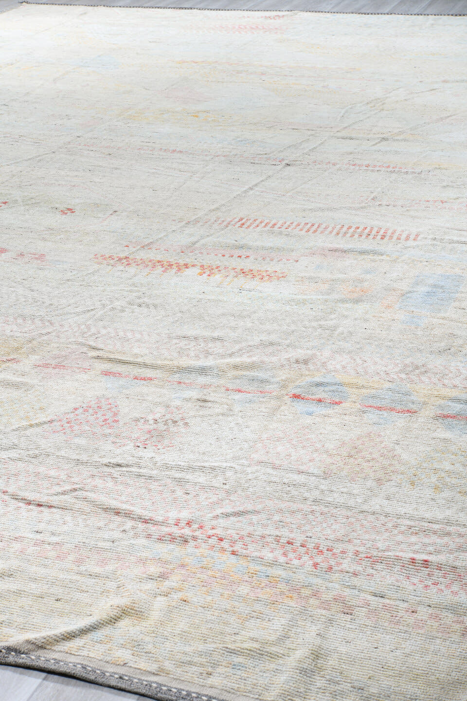 14' x 19' one-of-a-kind handmade vintage Tulu oversize rug. Color palette: ivory, blush, powder_blue, faded_coral, pale_gold