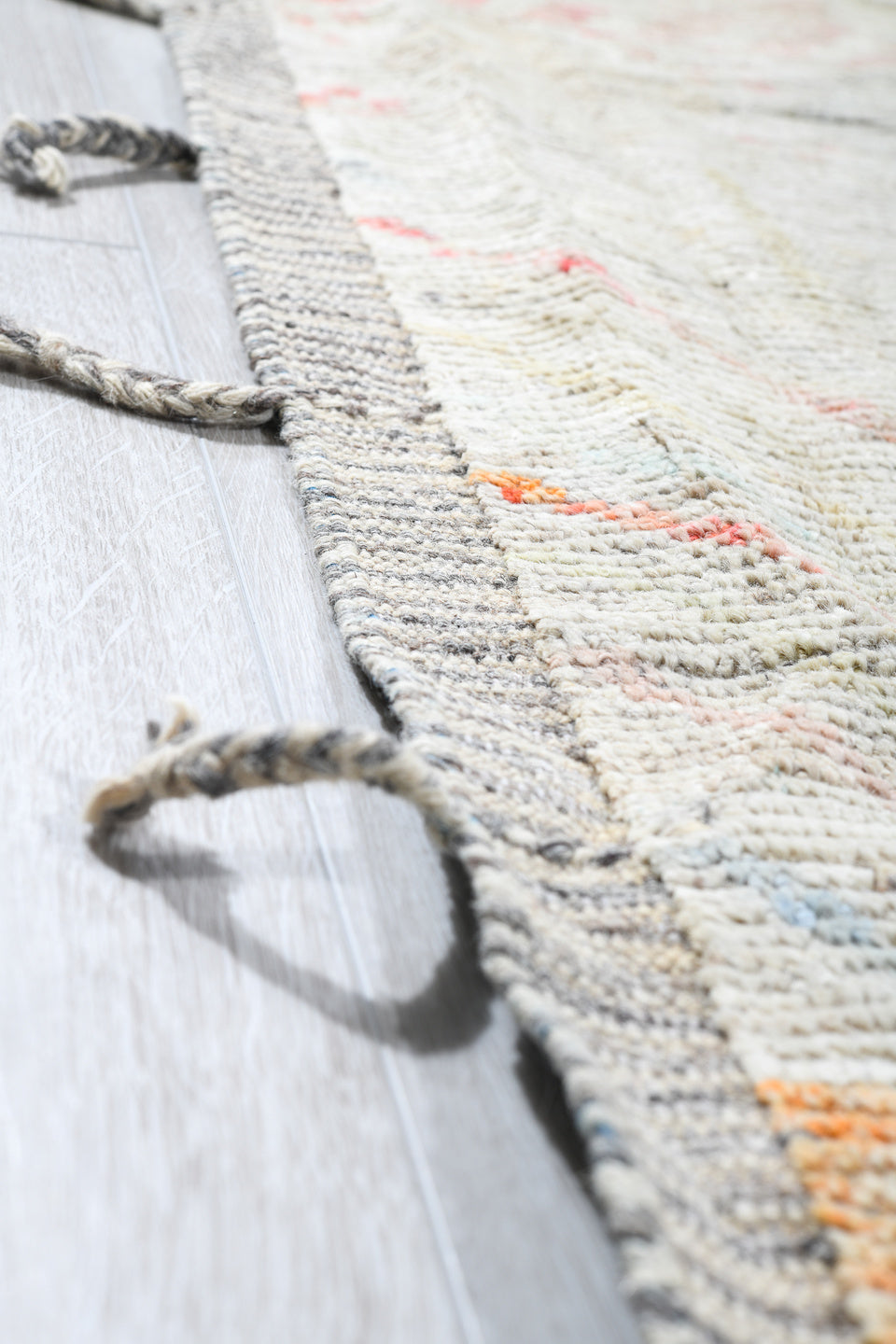 14' x 19' one-of-a-kind handmade vintage Tulu oversize rug. Color palette: ivory, blush, powder_blue, faded_coral, pale_gold