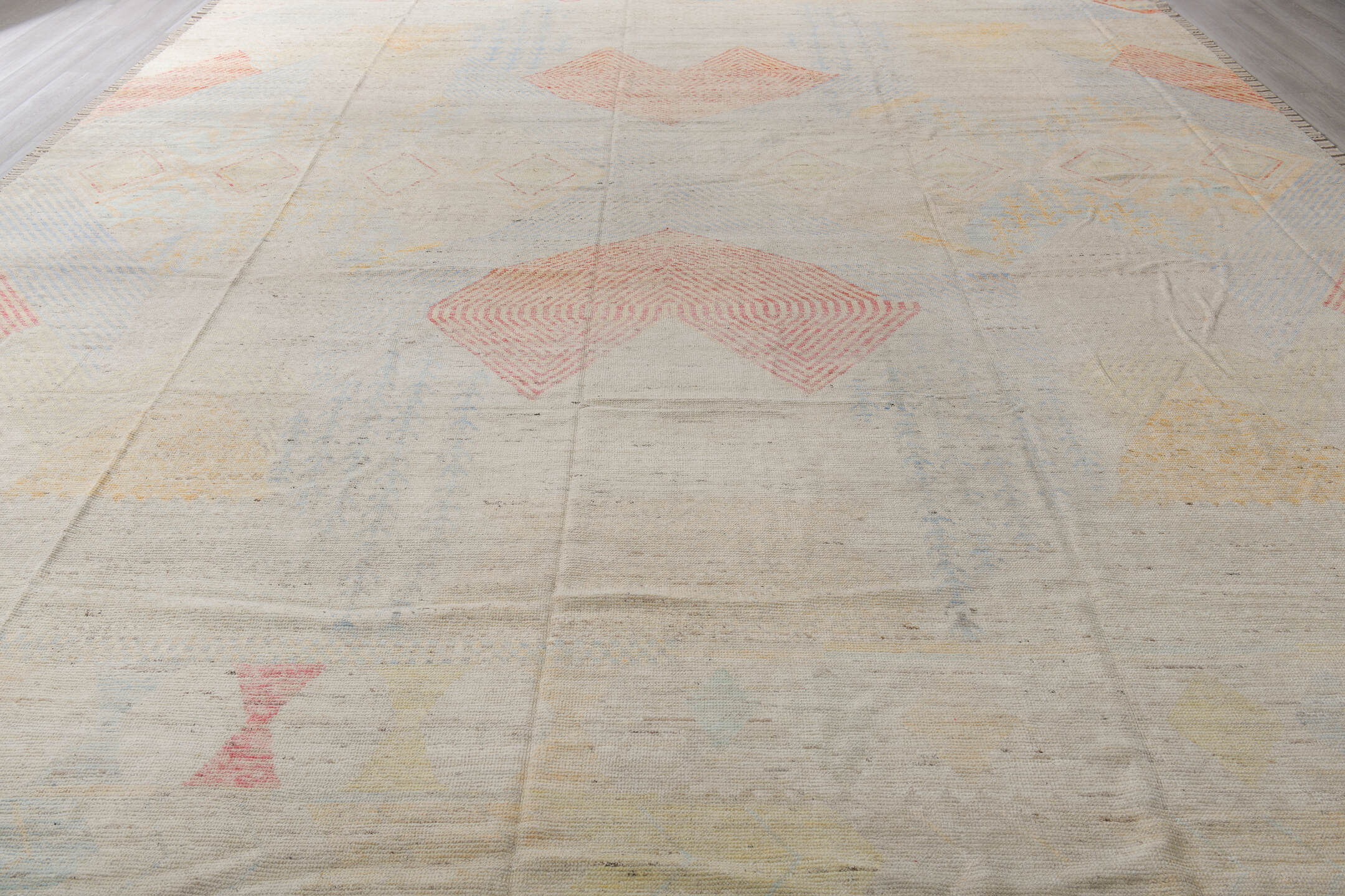 13' x 19' one-of-a-kind handmade vintage Tulu oversize rug. Color palette: brown, gainsboro, gray, light gray, linen