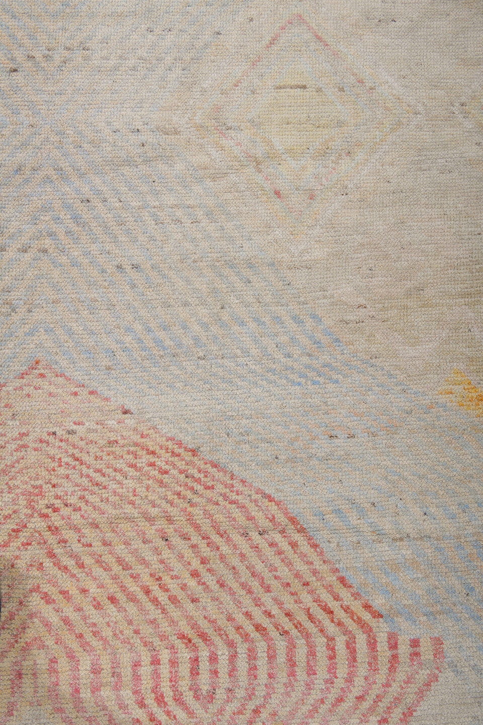 13' x 19' one-of-a-kind handmade vintage Tulu oversize rug. Color palette: ivory, pale blue, coral, soft gold, cream