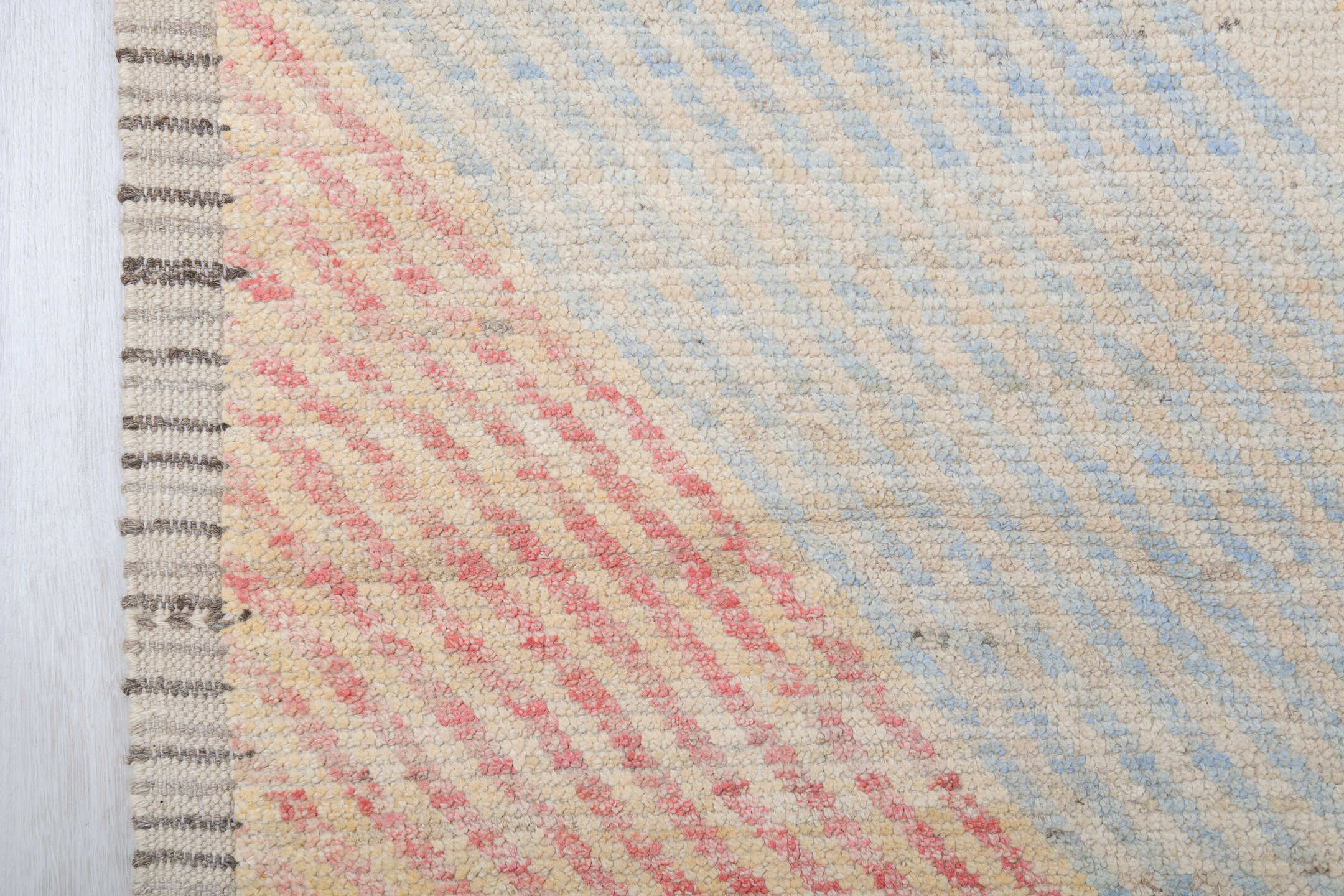 13' x 19' one-of-a-kind handmade vintage Tulu oversize rug. Color palette: ivory, pale blue, coral, soft gold, cream