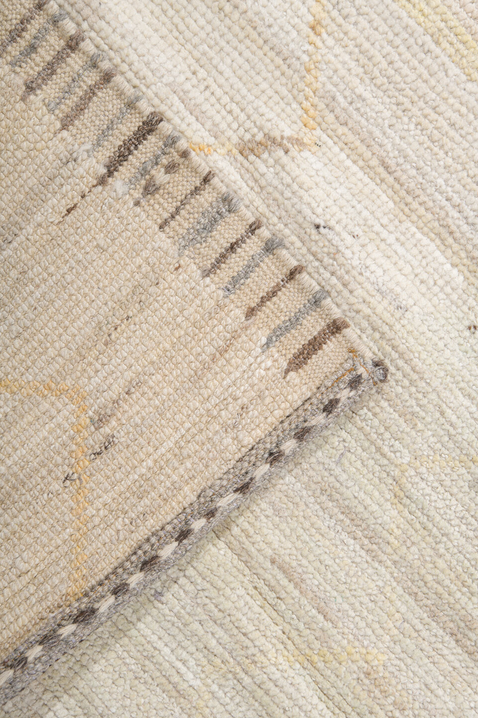 13' x 19' one-of-a-kind handmade vintage Tulu oversize rug. Color palette: ivory, pale blue, coral, soft gold, cream