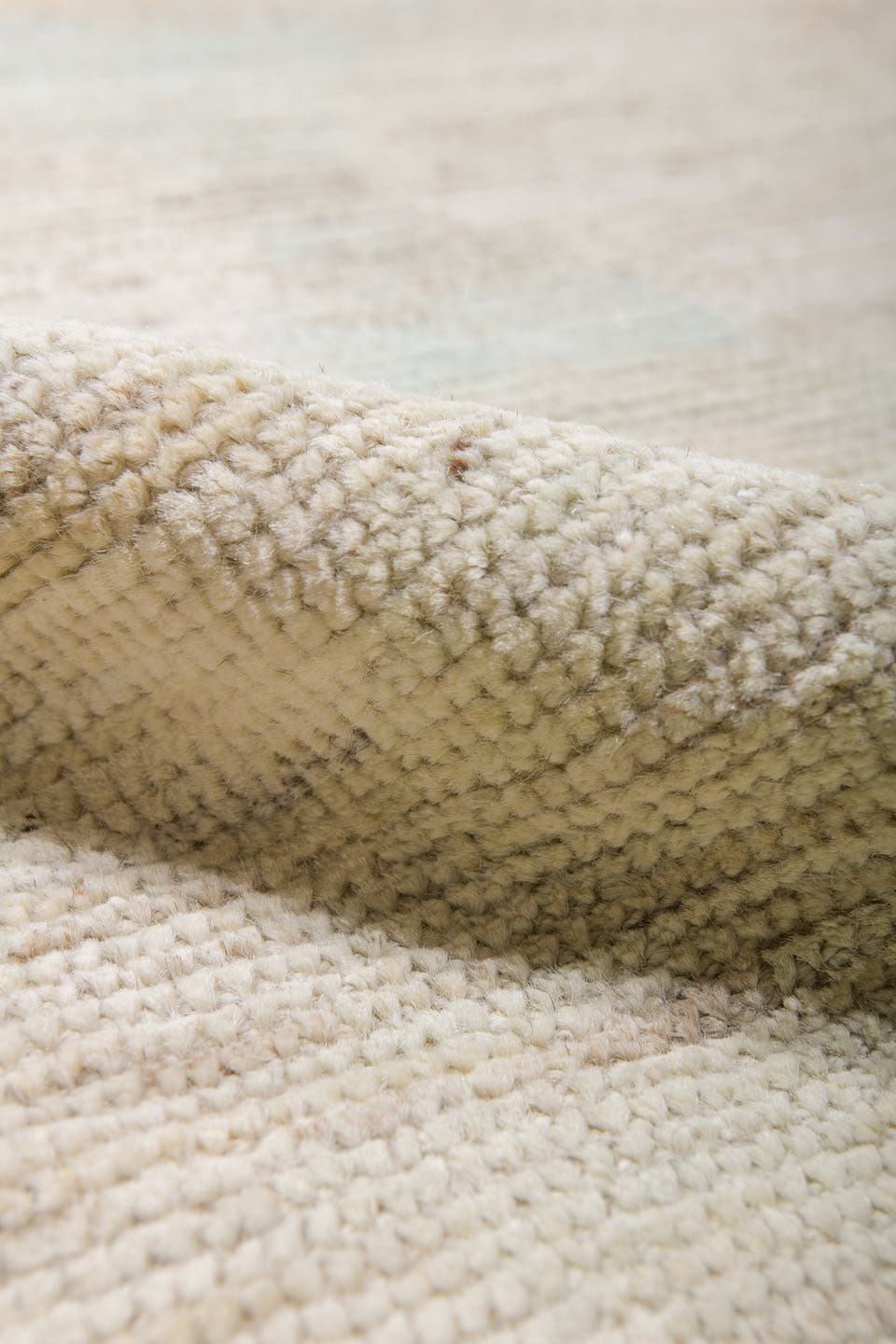 13' x 19' one-of-a-kind handmade vintage Tulu oversize rug. Color palette: ivory, pale blue, coral, soft gold, cream