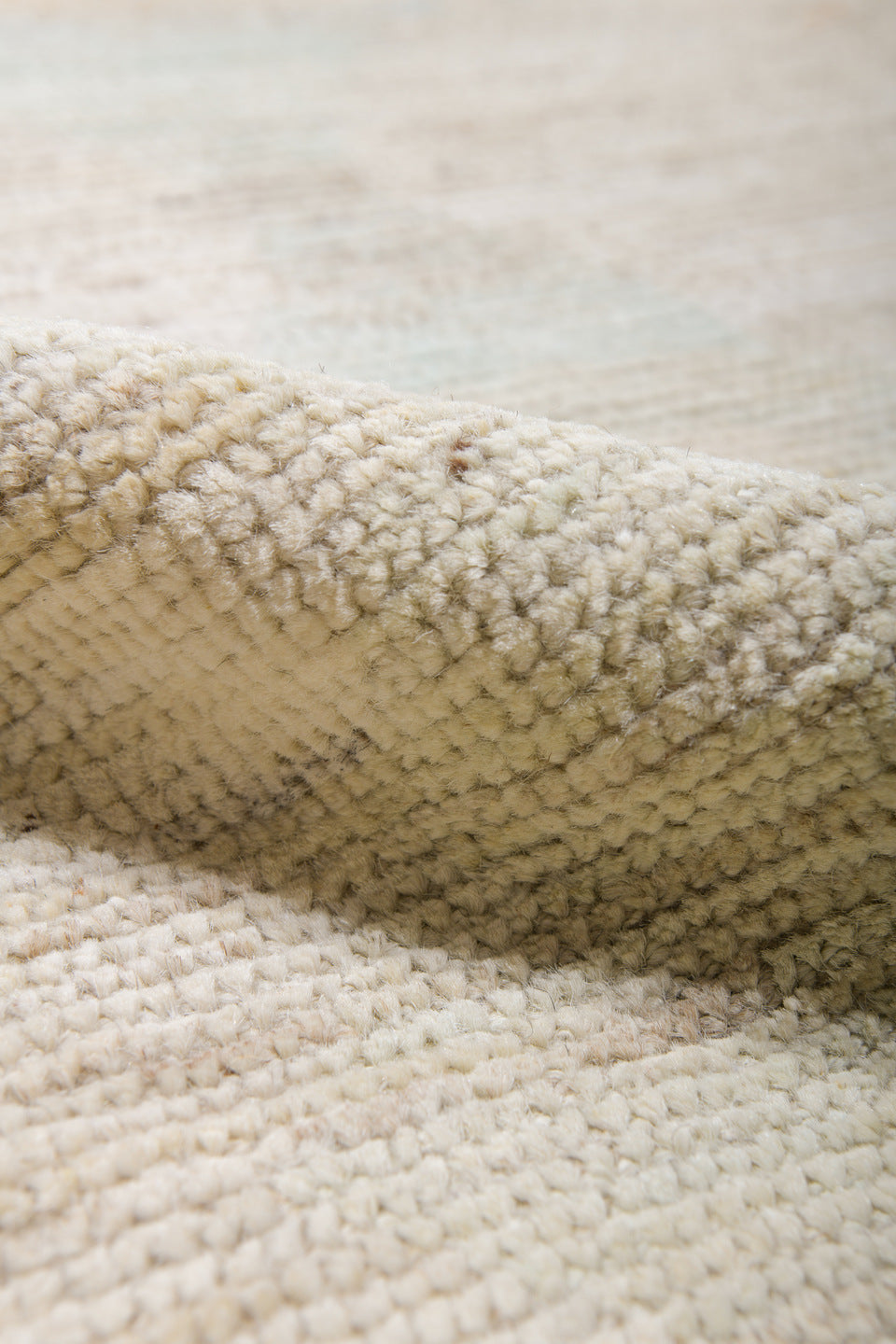 13' x 19' one-of-a-kind handmade vintage Tulu oversize rug. Color palette: ivory, pale blue, coral, soft gold, cream