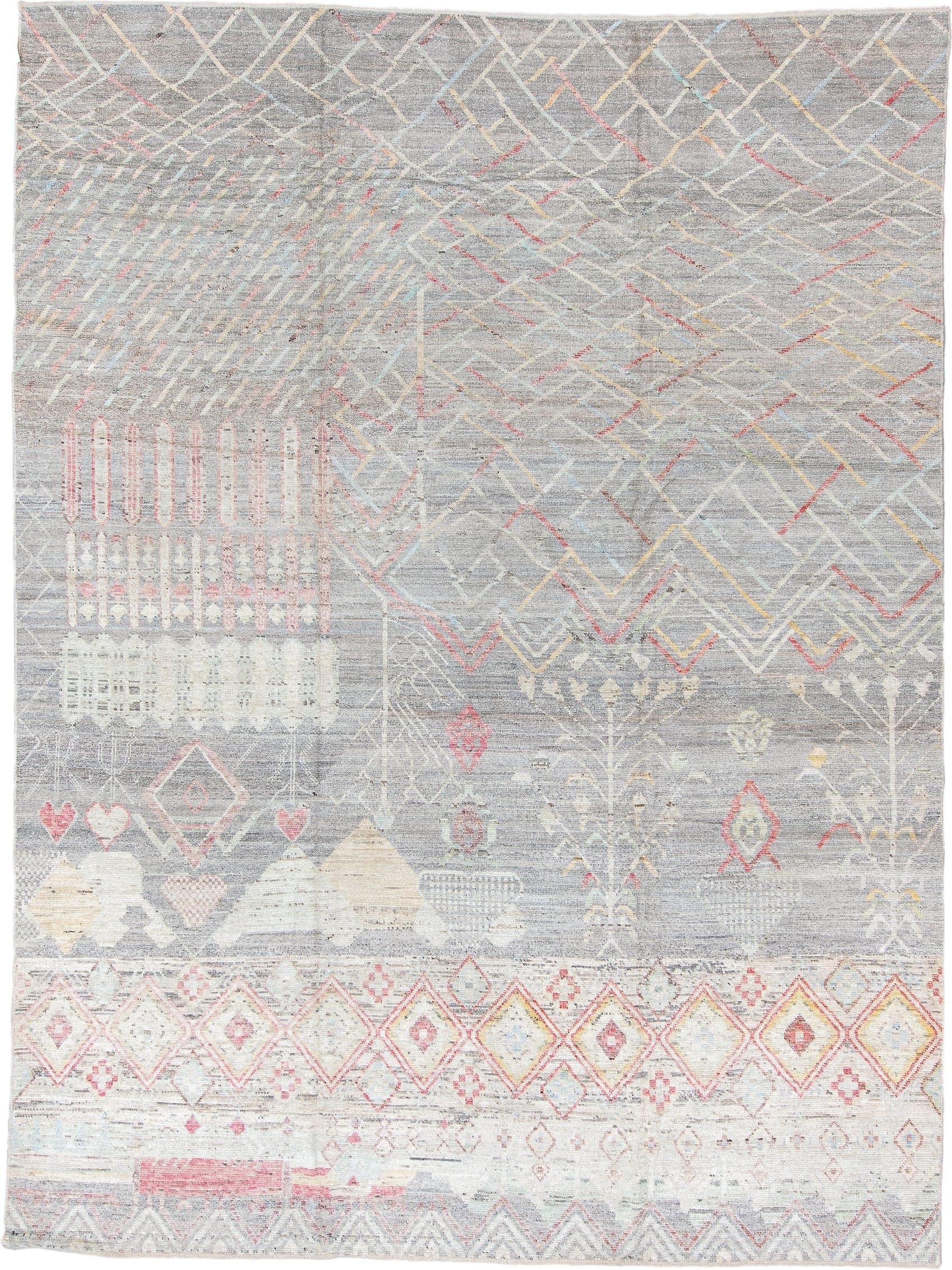 10' x 13' one-of-a-kind handmade vintage Tulu large size rug. Color palette: gray, ivory, blush, pale gold, cream, taupe