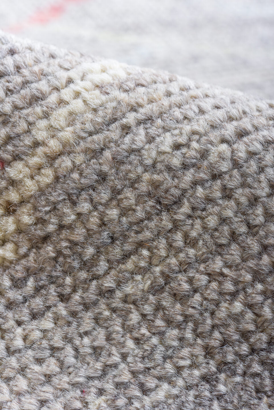 10' x 13' one-of-a-kind handmade vintage Tulu large size rug. Color palette: gray, ivory, blush, pale gold, cream, taupe