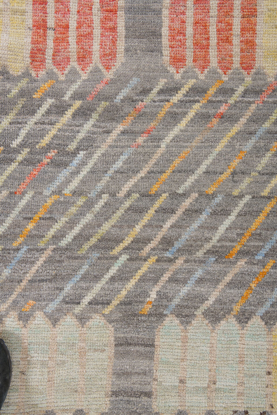 10' x 13' one-of-a-kind handmade vintage Tulu large size rug. Color palette: gray, ivory, cream, coral, saffron, pale_blue