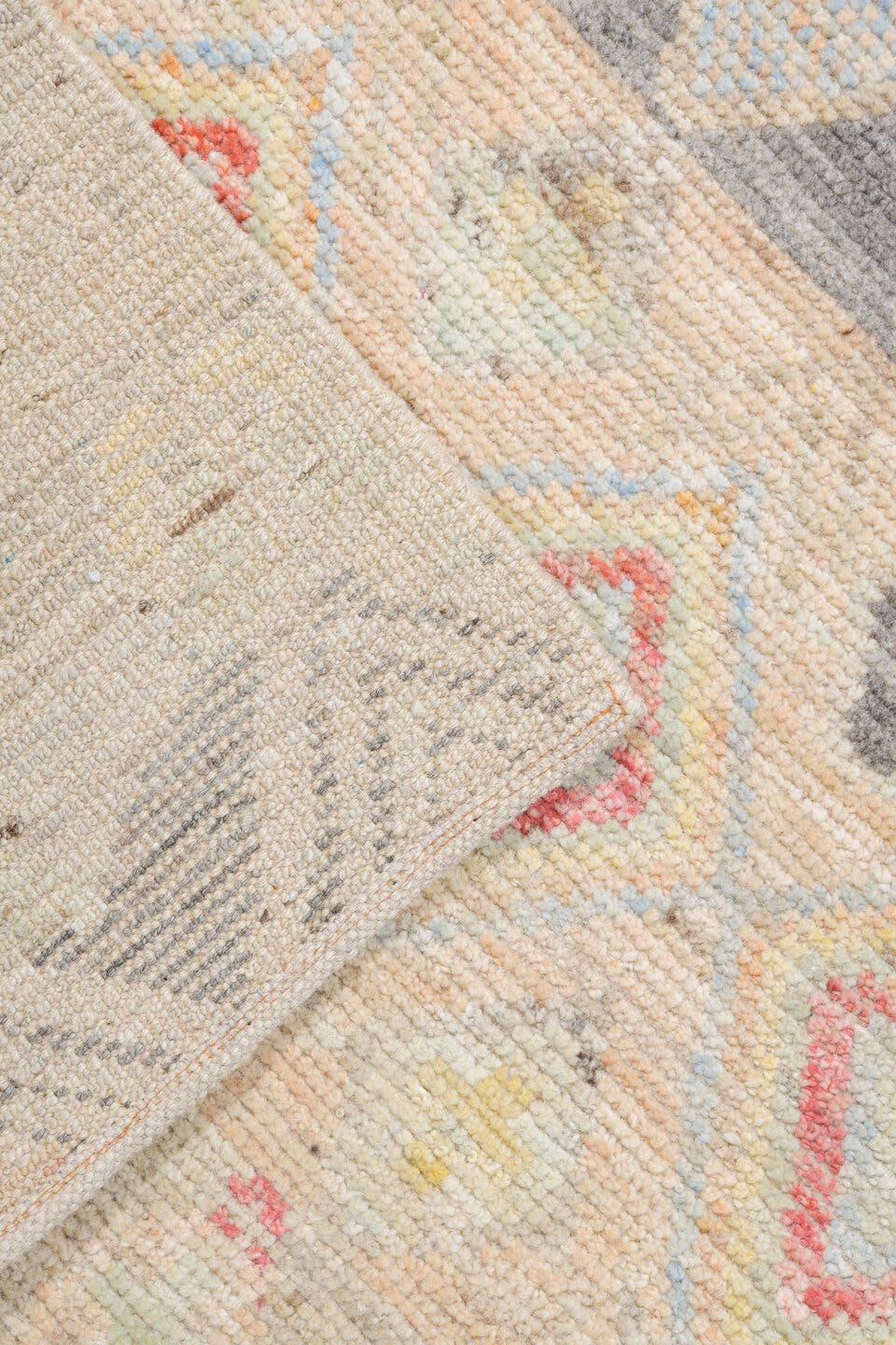 10' x 13' one-of-a-kind handmade vintage Tulu large size rug. Color palette: gray, ivory, cream, coral, saffron, pale_blue