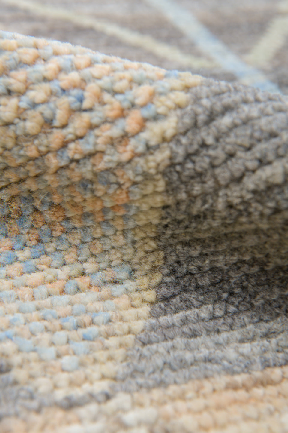 10' x 13' one-of-a-kind handmade vintage Tulu large size rug. Color palette: gray, ivory, cream, coral, saffron, pale_blue