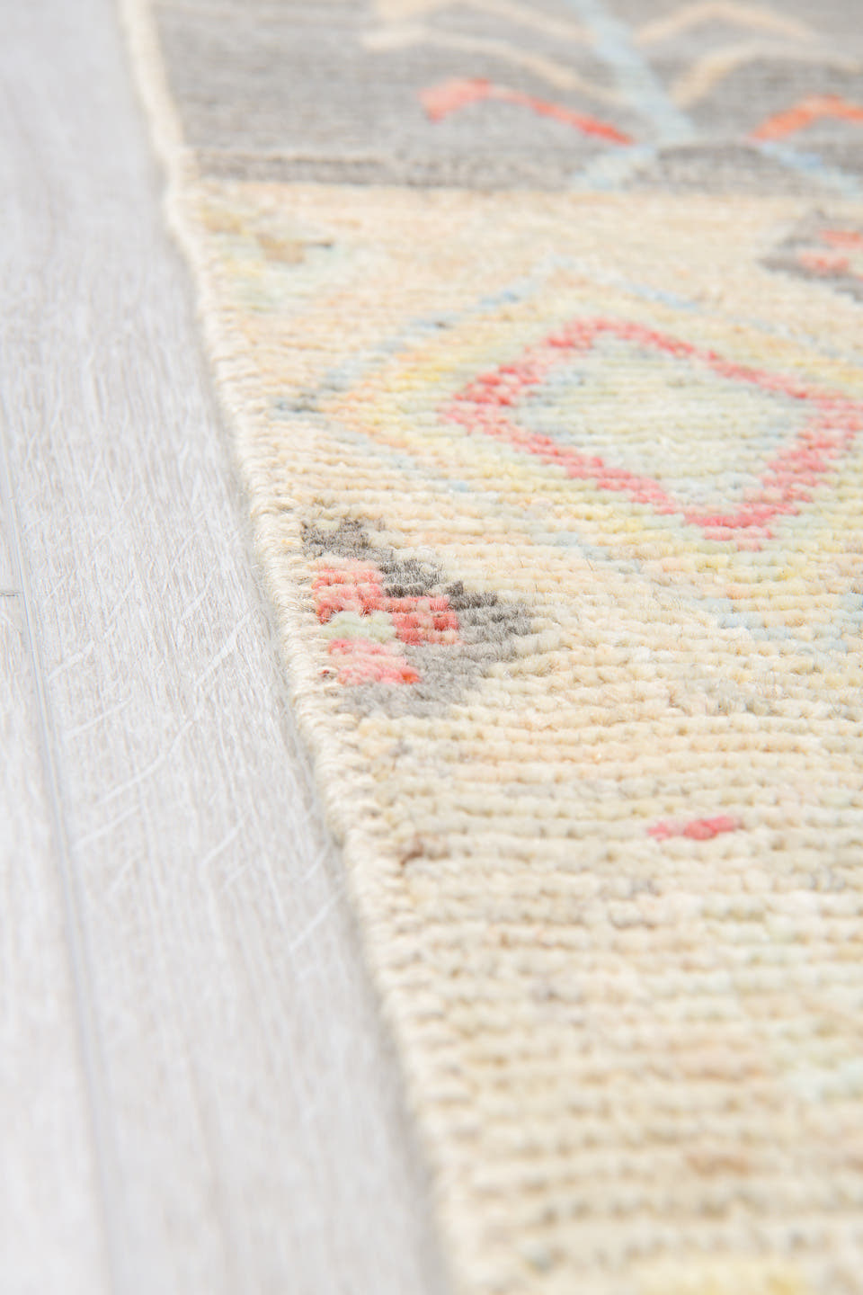 10' x 13' one-of-a-kind handmade vintage Tulu large size rug. Color palette: gray, ivory, cream, coral, saffron, pale_blue