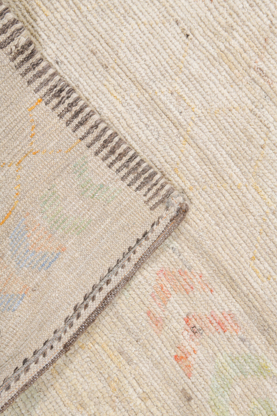 10' x 14' one-of-a-kind handmade vintage Tulu large size rug. Color palette: ivory, cream, saffron, rust, pale blue, blush