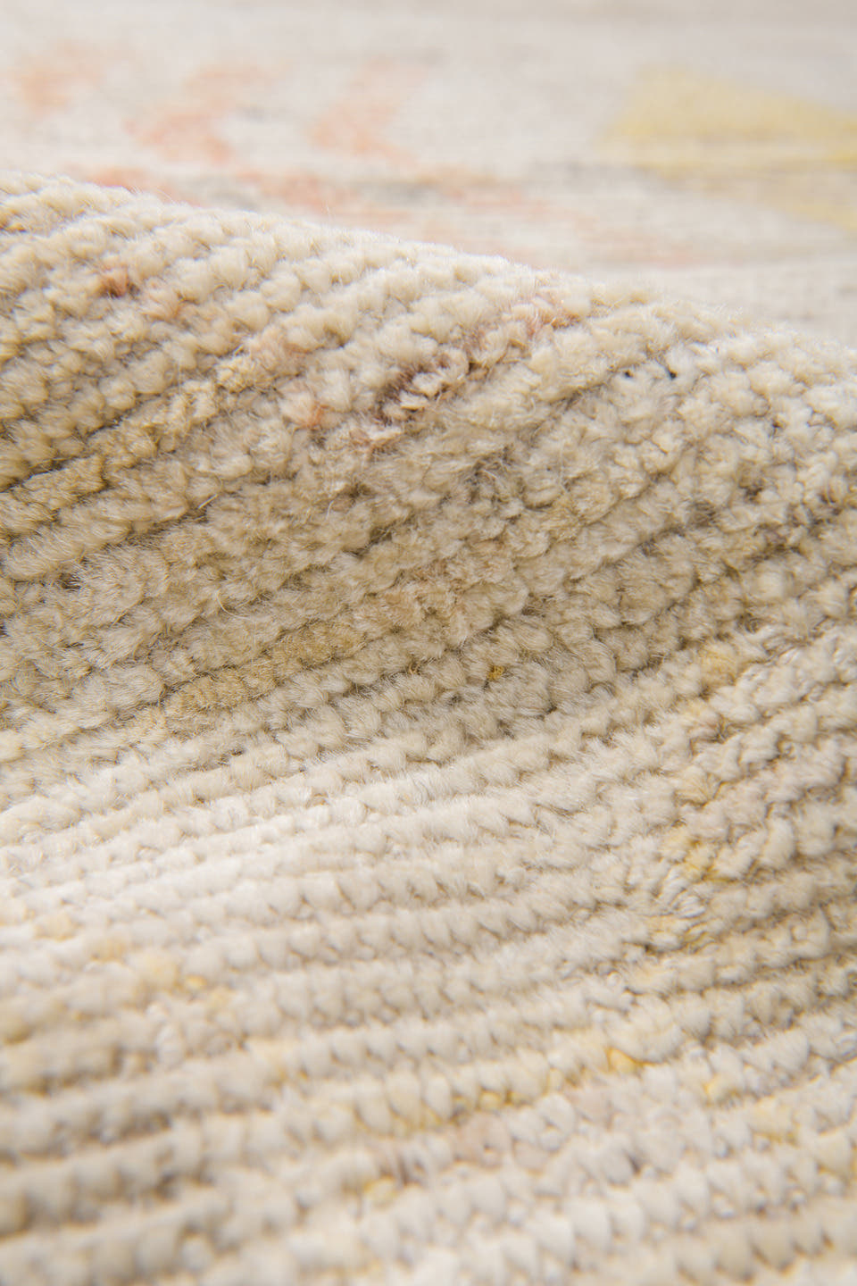 10' x 14' one-of-a-kind handmade vintage Tulu large size rug. Color palette: ivory, cream, saffron, rust, pale blue, blush