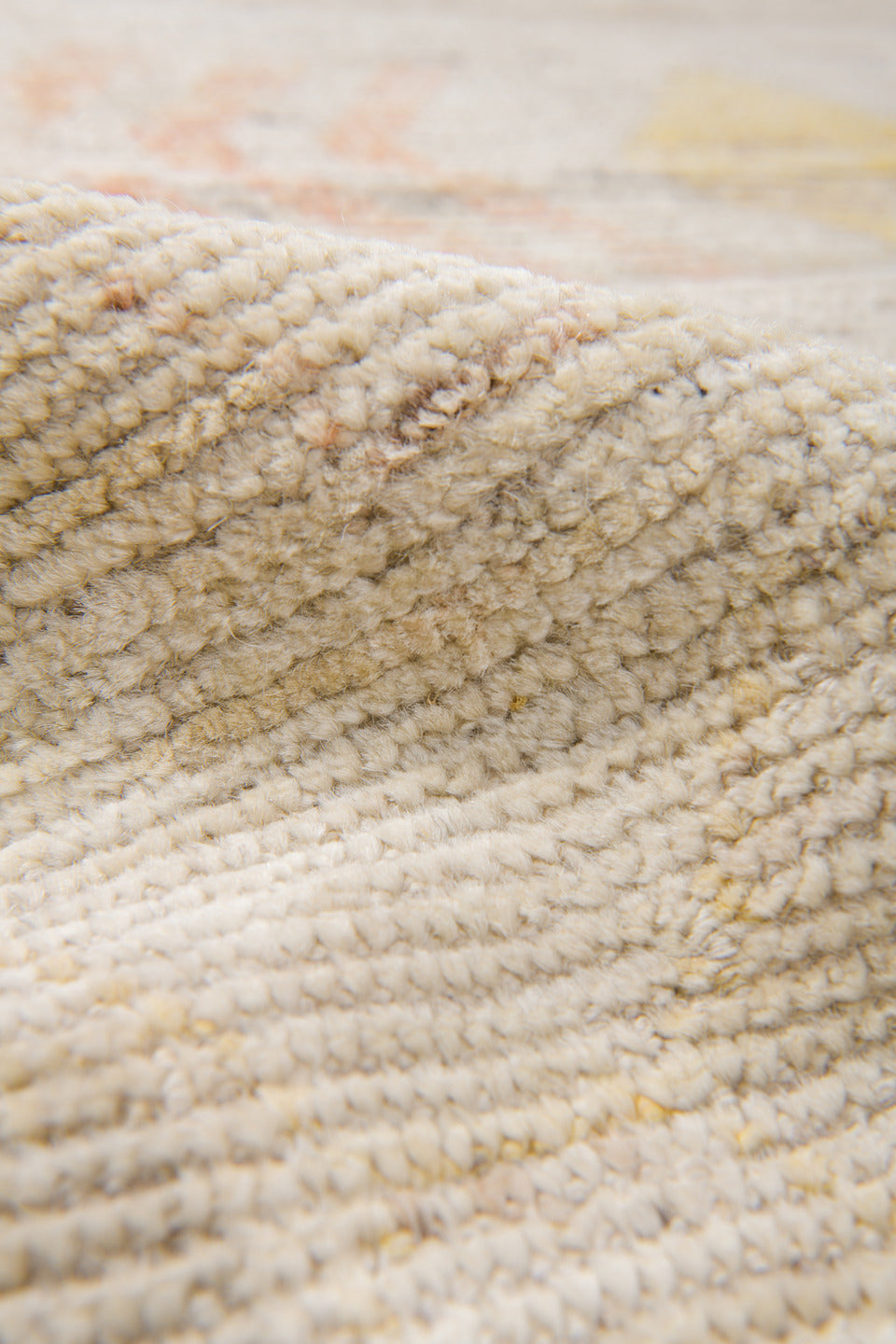 10' x 14' one-of-a-kind handmade vintage Tulu large size rug. Color palette: ivory, cream, saffron, rust, pale blue, blush
