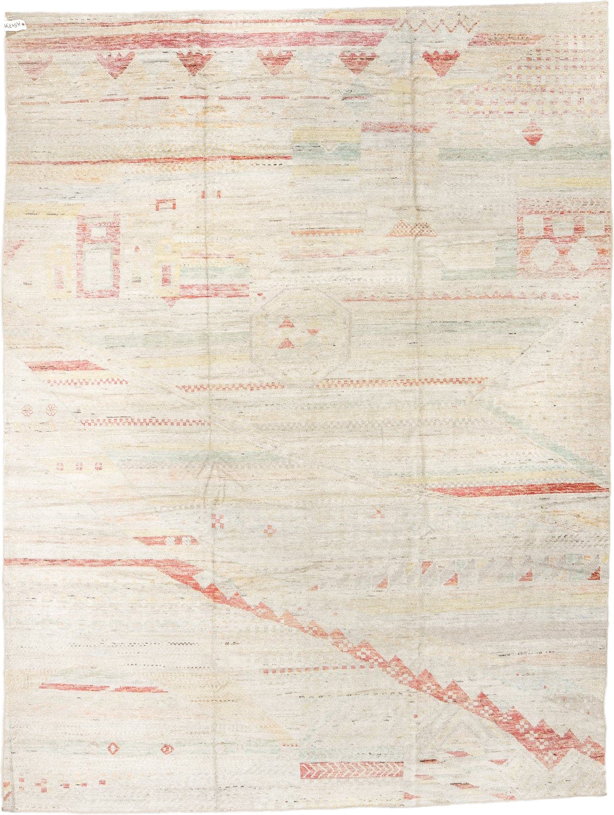 10' x 13' one-of-a-kind handmade vintage Tulu large size rug. Color palette: ivory, blush, pale sage, cream, sand