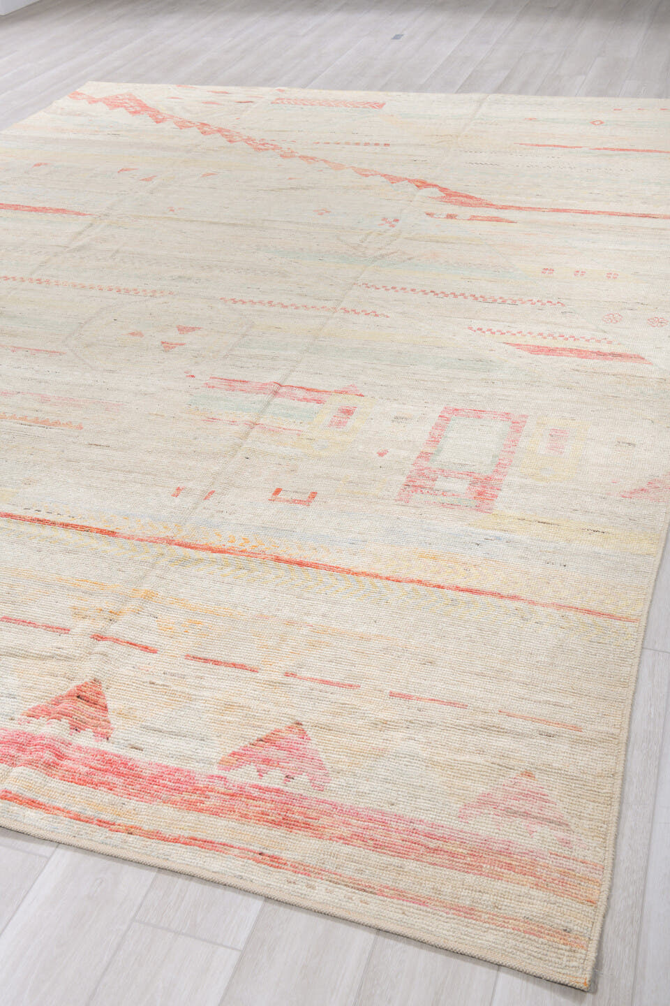 10' x 13' one-of-a-kind handmade vintage Tulu large size rug. Color palette: ivory, blush, pale sage, cream, sand