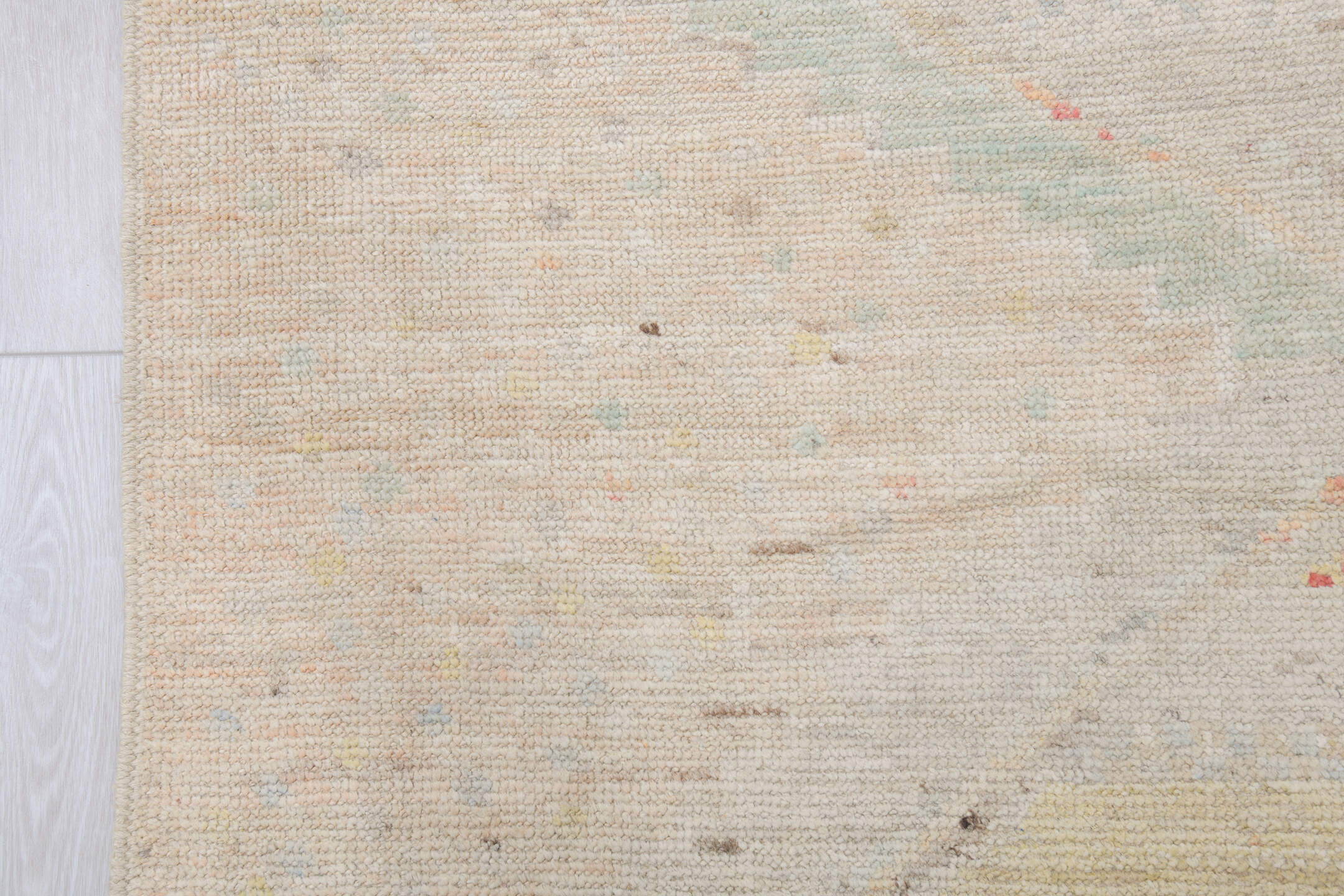 10' x 13' one-of-a-kind handmade vintage Tulu large size rug. Color palette: ivory, blush, pale sage, cream, sand