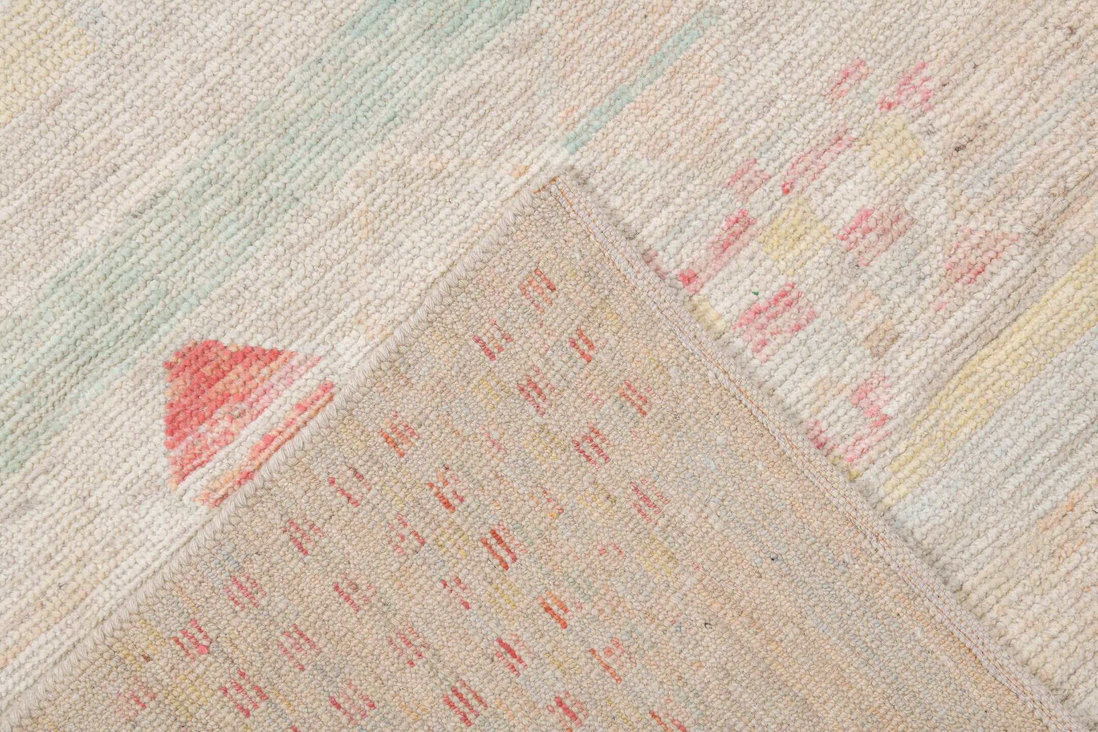 10' x 13' one-of-a-kind handmade vintage Tulu large size rug. Color palette: ivory, blush, pale sage, cream, sand