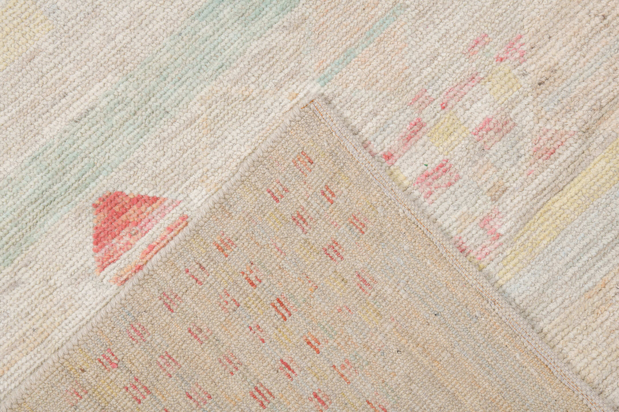 10' x 13' one-of-a-kind handmade vintage Tulu large size rug. Color palette: ivory, blush, pale sage, cream, sand