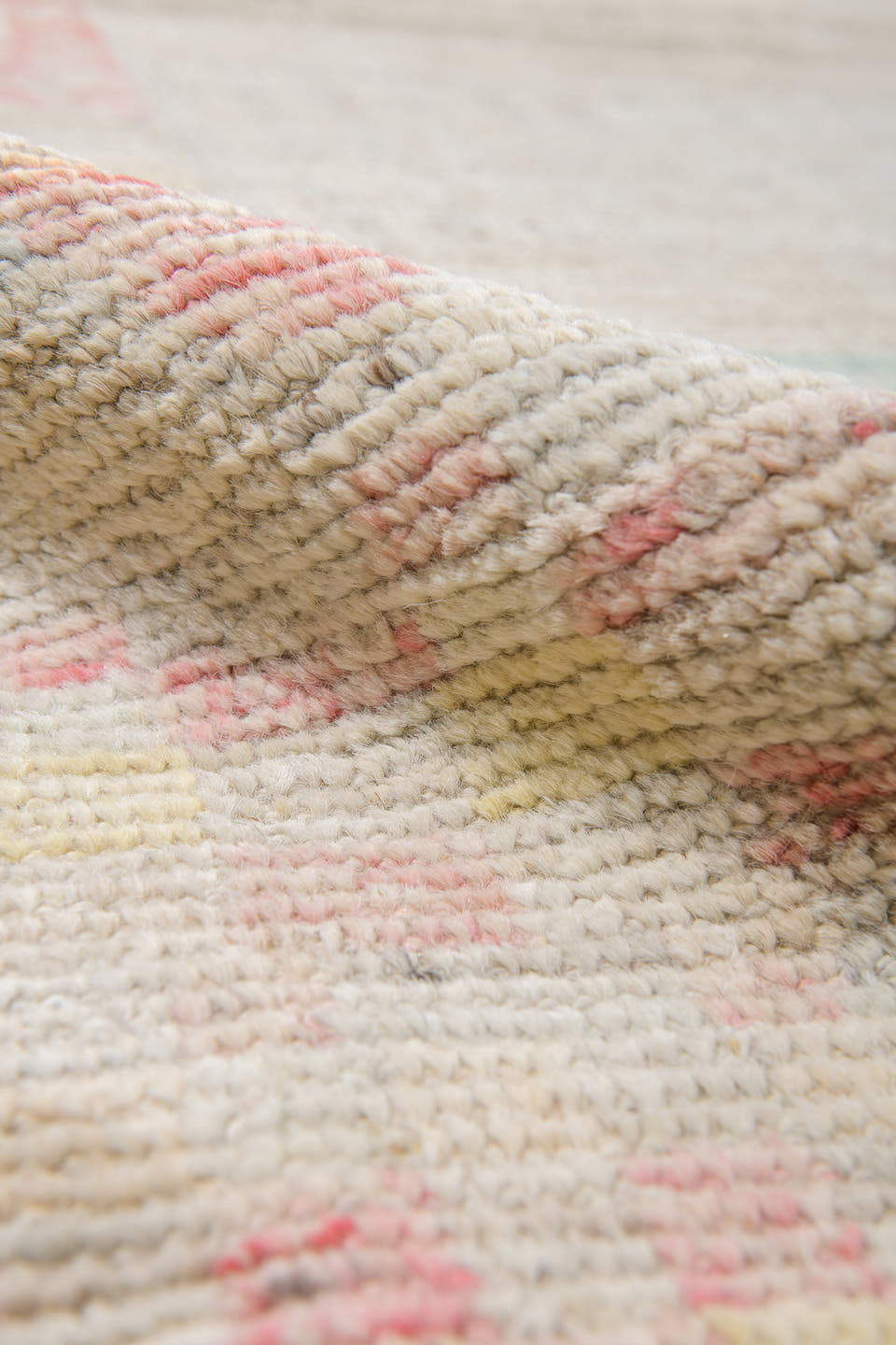 10' x 13' one-of-a-kind handmade vintage Tulu large size rug. Color palette: ivory, blush, pale sage, cream, sand