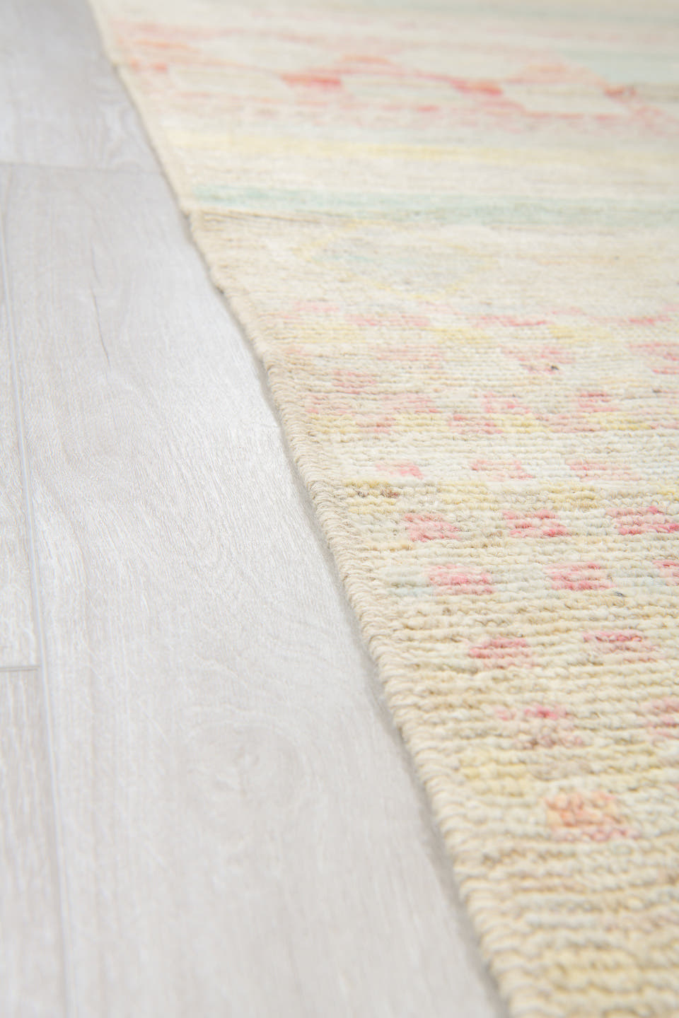 10' x 13' one-of-a-kind handmade vintage Tulu large size rug. Color palette: ivory, blush, pale sage, cream, sand