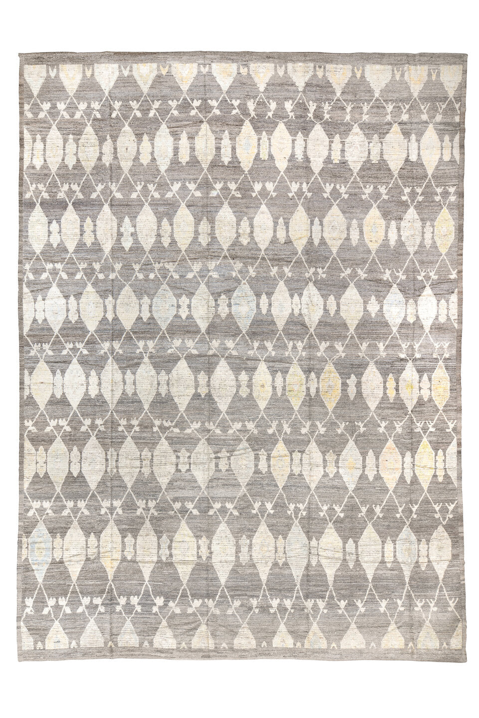 14' x 19' one-of-a-kind handmade vintage Tulu oversize rug. Color palette: dark gray, gainsboro, gray, light gray, off-white