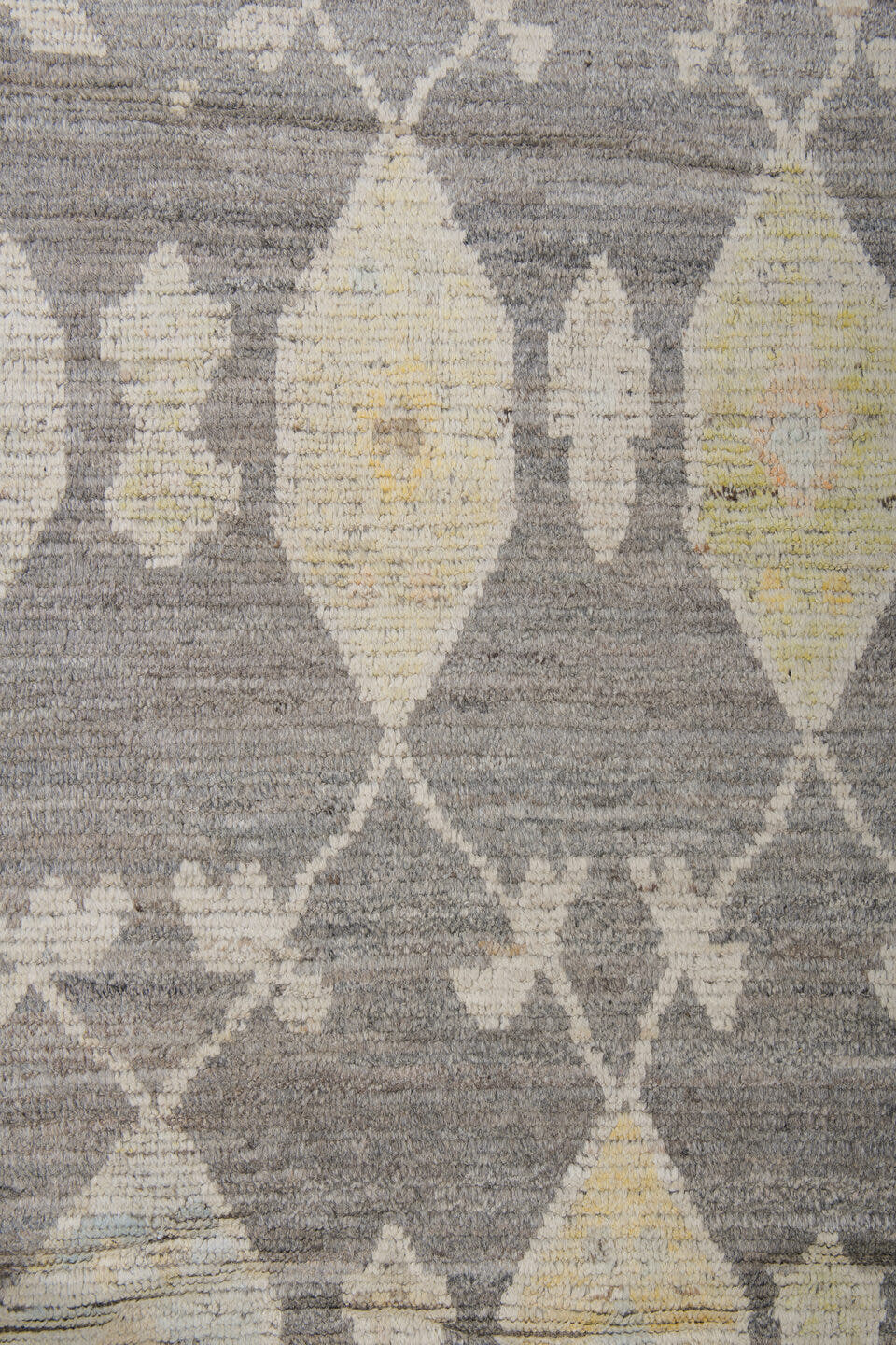 14' x 19' one-of-a-kind handmade vintage Tulu oversize rug. Color palette: gray, ivory, cream, pale gold, taupe, gold, beige