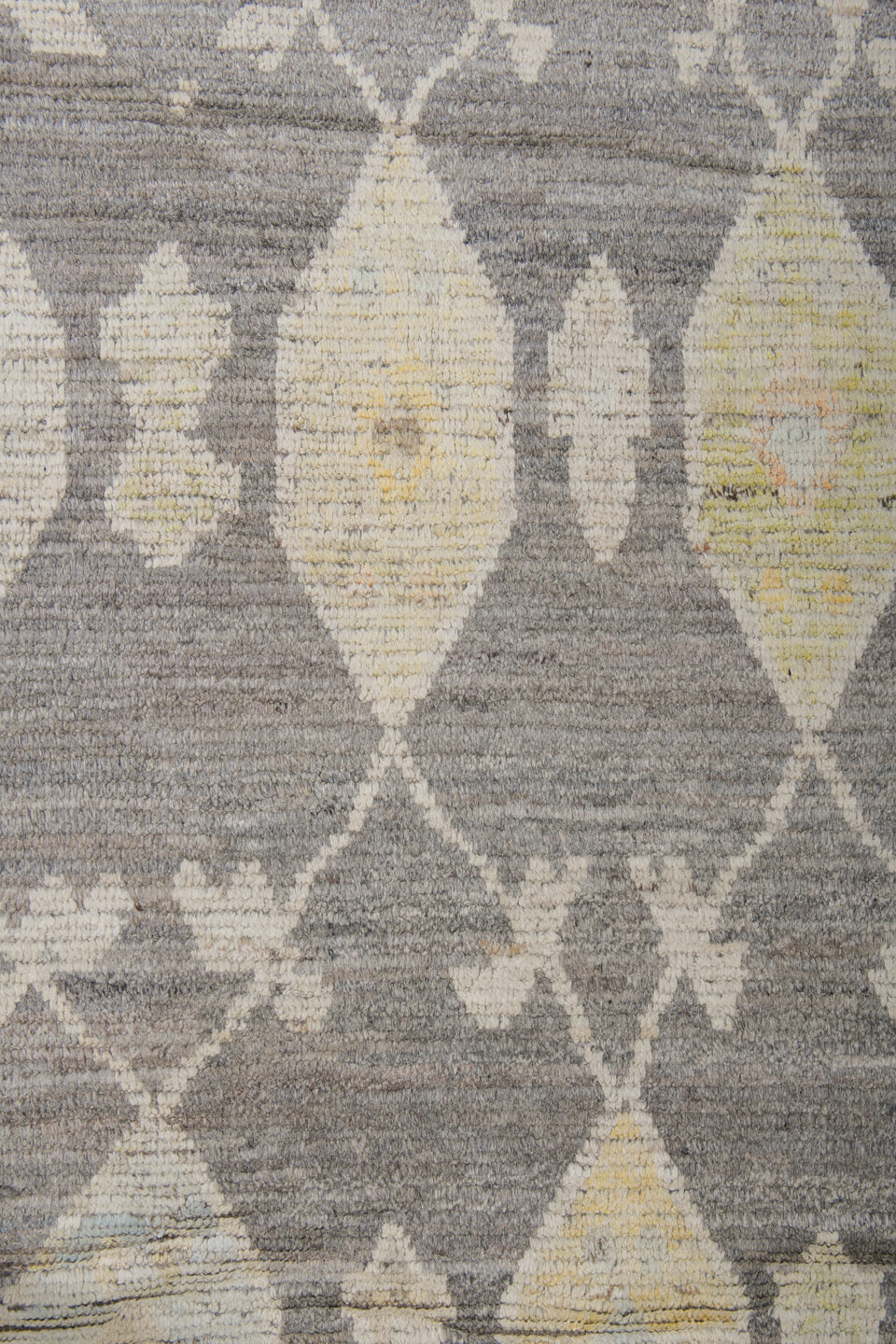 14' x 19' one-of-a-kind handmade vintage Tulu oversize rug. Color palette: gray, ivory, cream, pale gold, taupe, gold, beige