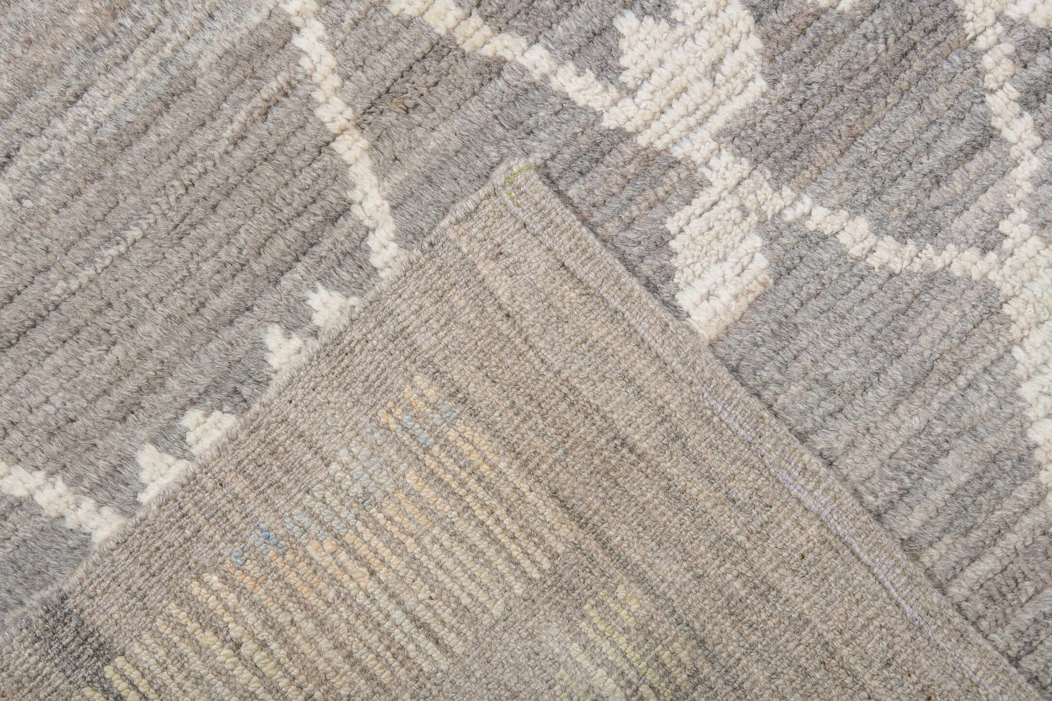 14' x 19' one-of-a-kind handmade vintage Tulu oversize rug. Color palette: gray, ivory, cream, pale gold, taupe, gold, beige