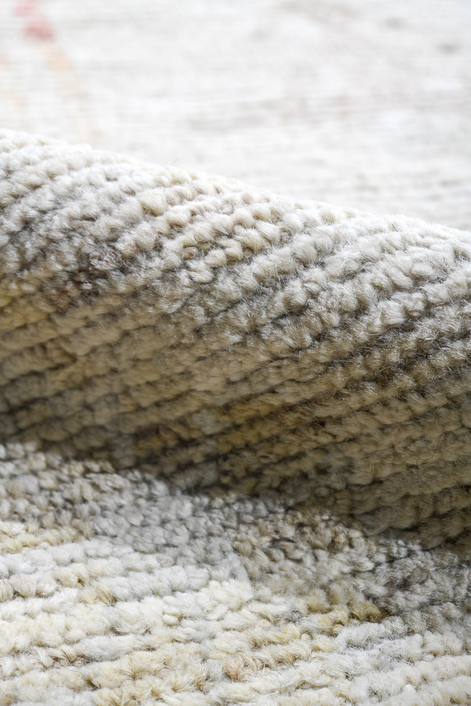 13' x 19' one-of-a-kind handmade vintage Tulu oversize rug. Color palette: ivory, cream, pale blue, blush, sand, gold, taupe
