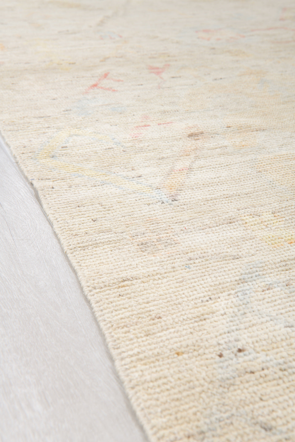 10' x 13' one-of-a-kind handmade vintage Tulu large size rug. Color palette: ivory, cream, blush, pale gold, light gray