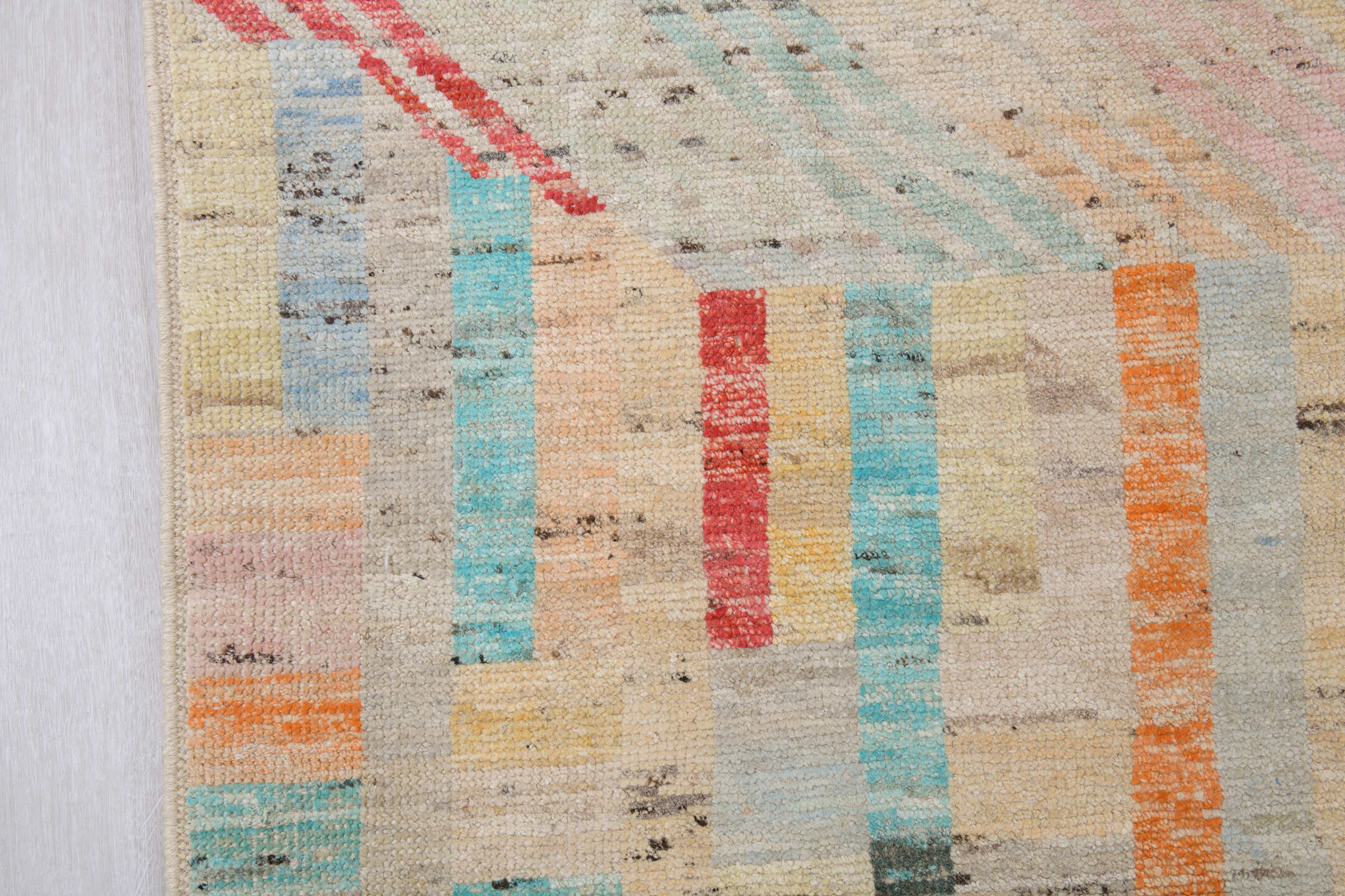 10' x 14' one-of-a-kind handmade vintage Tulu large size rug. Color palette: ivory, aqua, coral, peach, gold, gray, rose