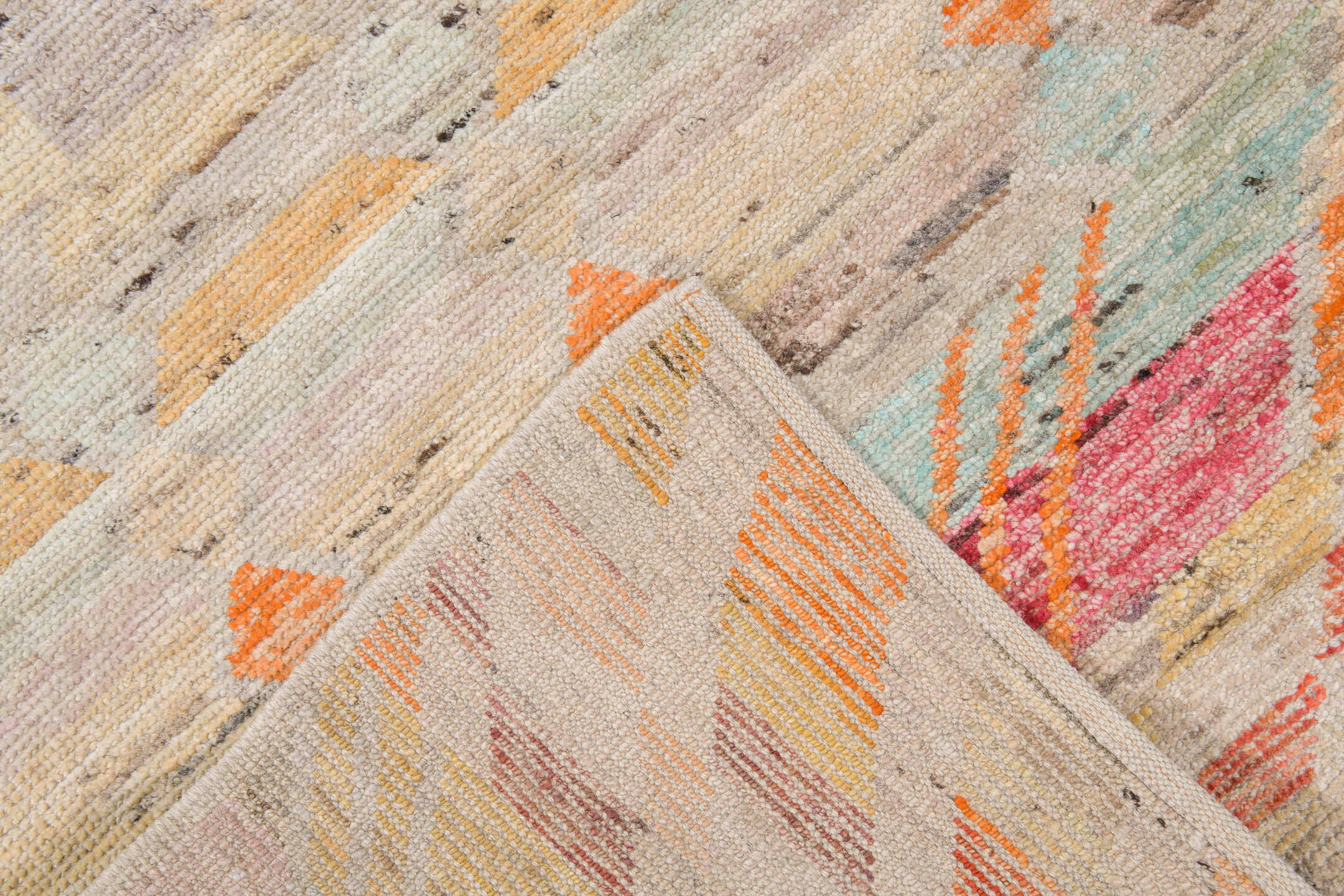 10' x 14' one-of-a-kind handmade vintage Tulu large size rug. Color palette: ivory, aqua, coral, peach, gold, gray, rose