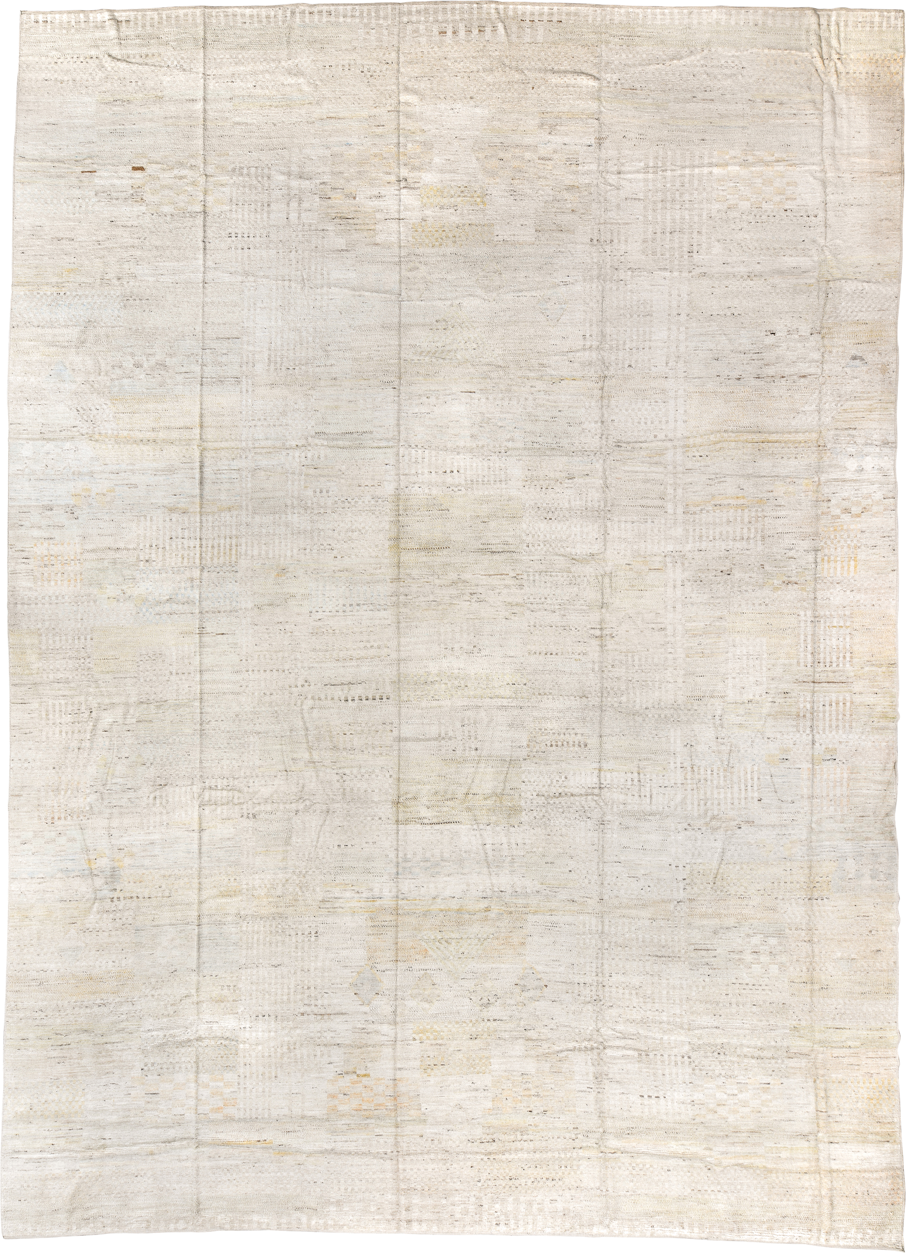 14' x 19' one-of-a-kind handmade vintage Tulu oversize rug. Color palette: ivory, cream, beige, taupe, pale gold, light gray