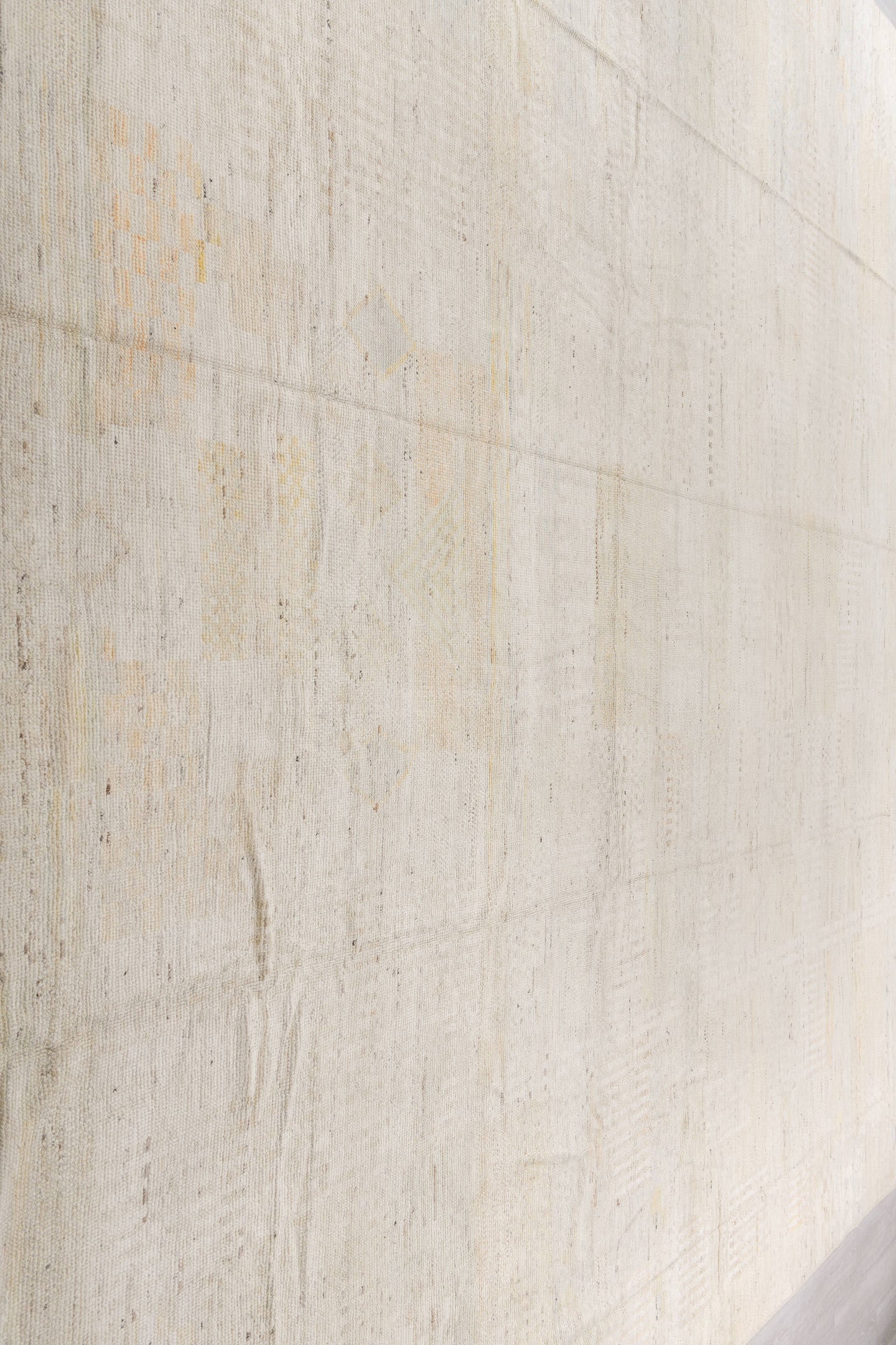 14' x 19' one-of-a-kind handmade vintage Tulu oversize rug. Color palette: ivory, cream, beige, taupe, pale gold, light gray