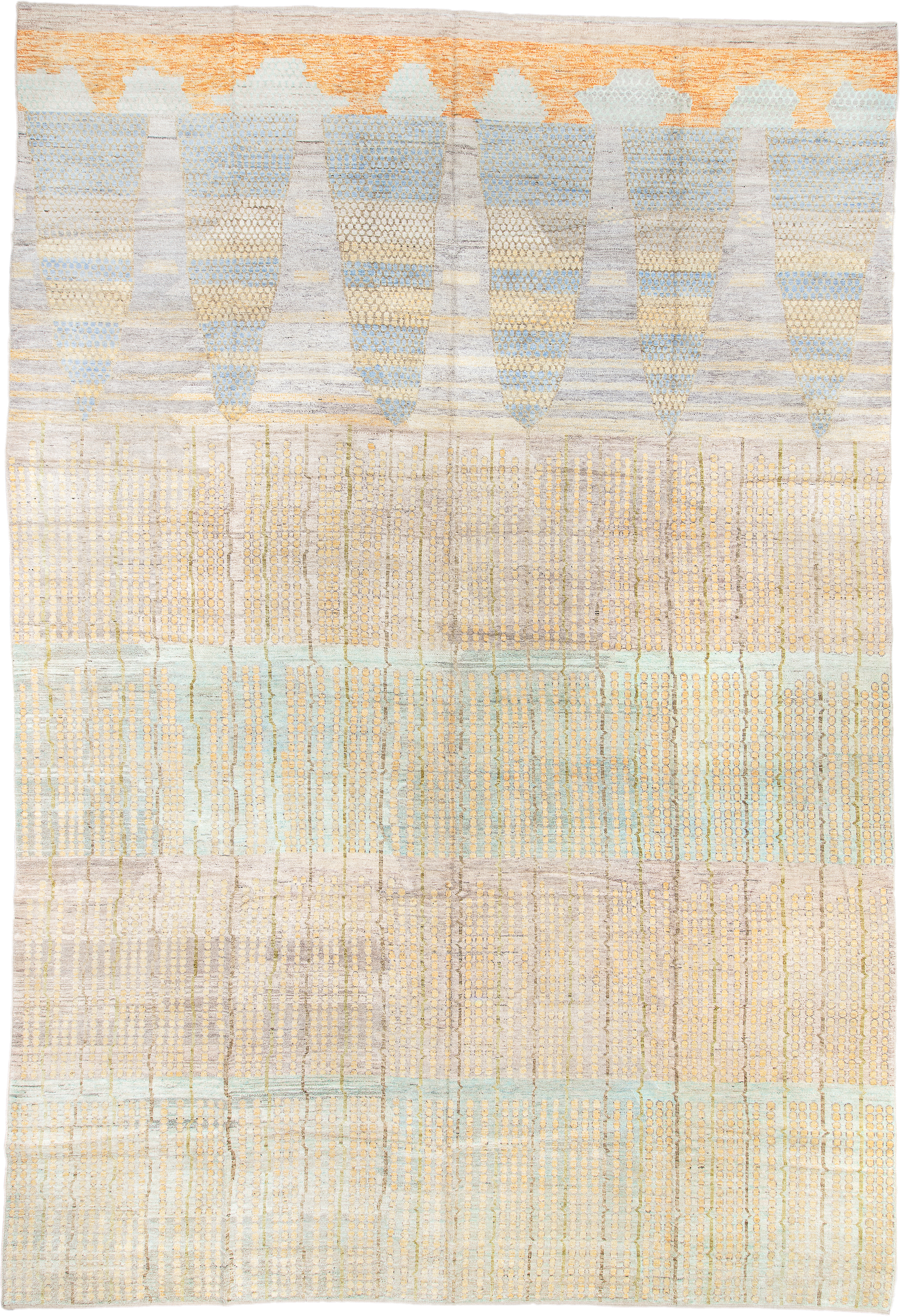 13' x 19' one-of-a-kind handmade vintage Tulu oversize rug. Color palette: ivory, pale aqua, gold, apricot, taupe, cream