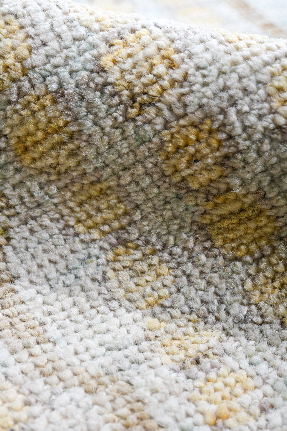 13' x 19' one-of-a-kind handmade vintage Tulu oversize rug. Color palette: ivory, pale aqua, gold, apricot, taupe, cream