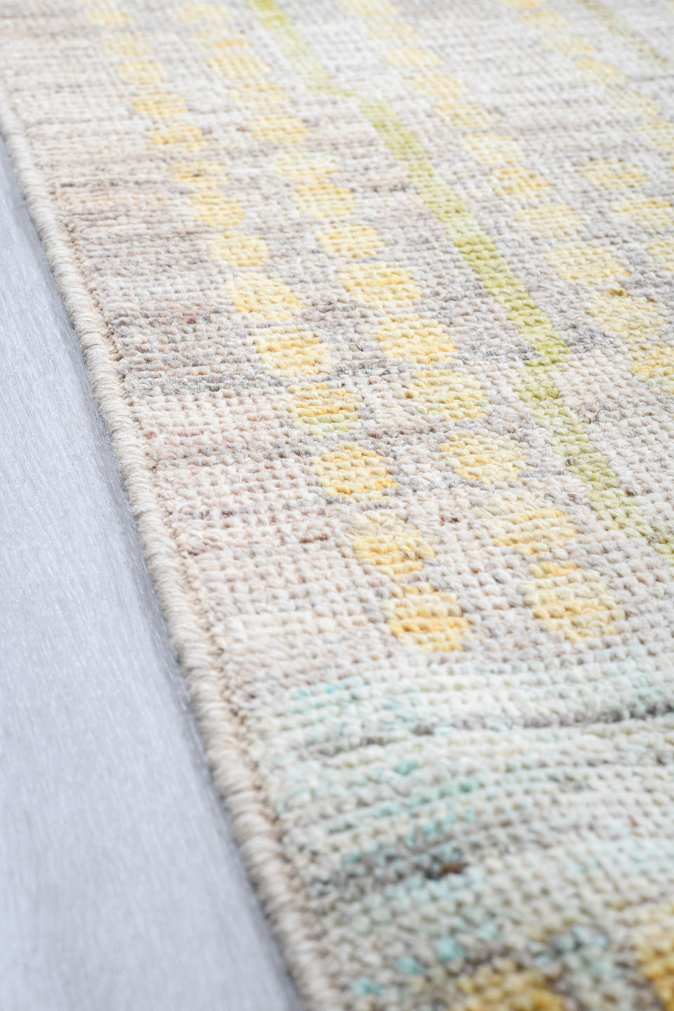 13' x 19' one-of-a-kind handmade vintage Tulu oversize rug. Color palette: ivory, pale aqua, gold, apricot, taupe, cream
