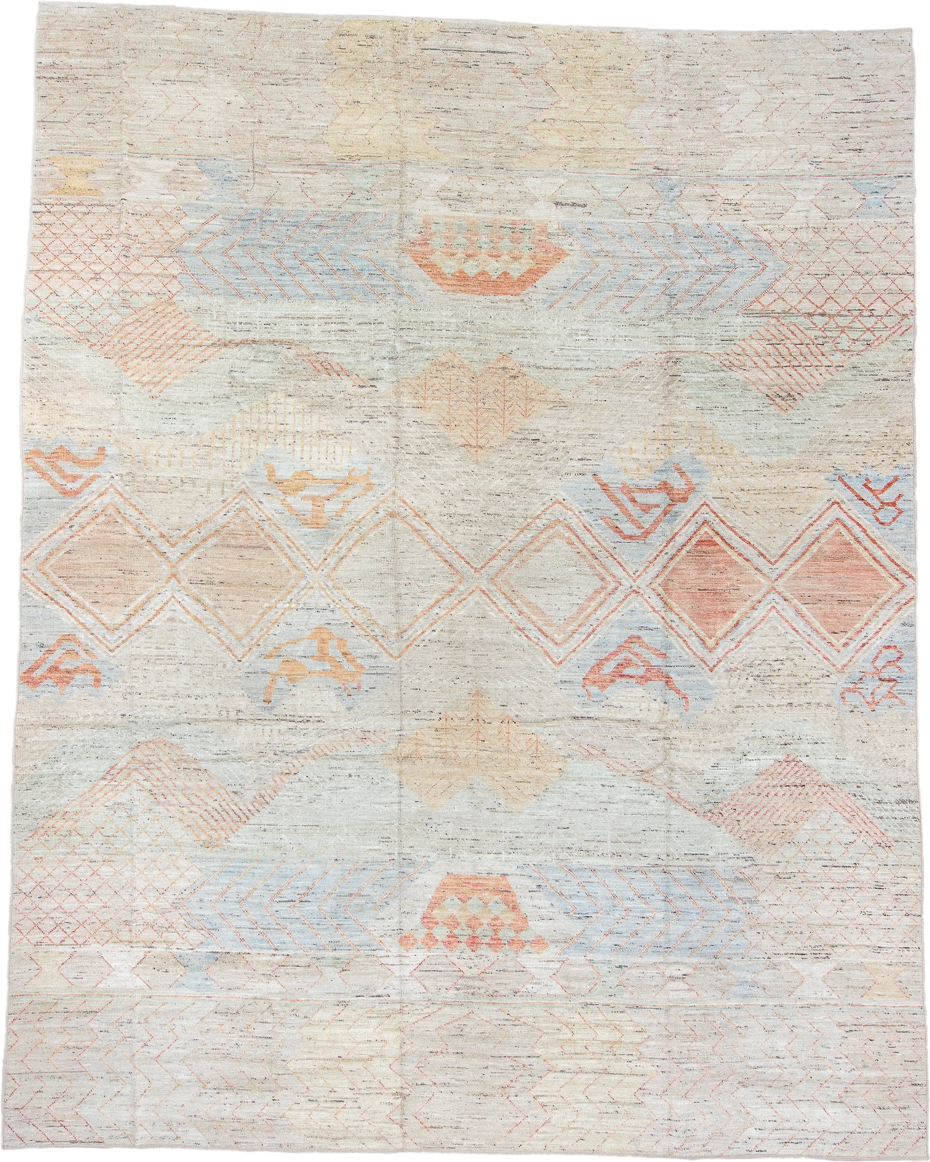 12' x 15' one-of-a-kind handmade vintage Tulu oversize rug. Color palette: ivory, salmon, sky_blue, light_gold, beige