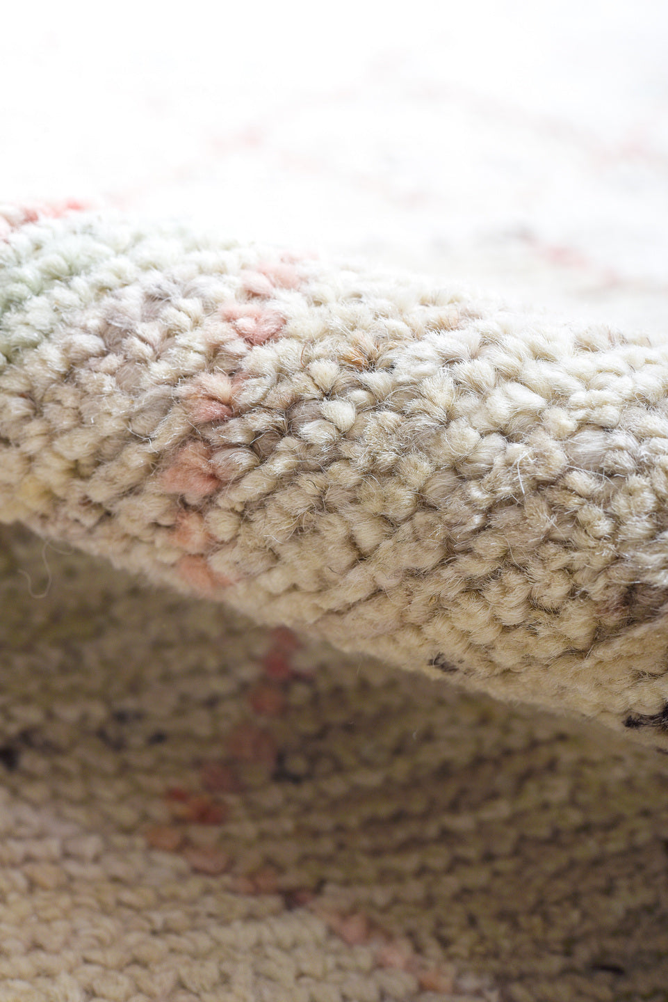 12' x 15' one-of-a-kind handmade vintage Tulu oversize rug. Color palette: ivory, salmon, sky_blue, light_gold, beige