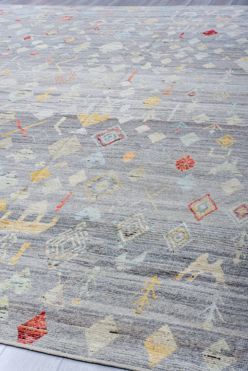10' x 13' one-of-a-kind handmade vintage Tulu large size rug. Color palette: gray, ivory, cream, pale blue, coral, saffron