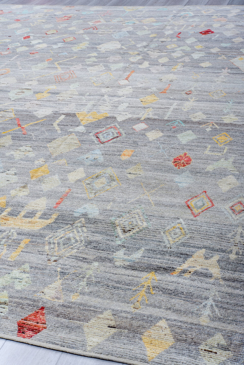 10' x 13' one-of-a-kind handmade vintage Tulu large size rug. Color palette: gray, ivory, cream, pale blue, coral, saffron