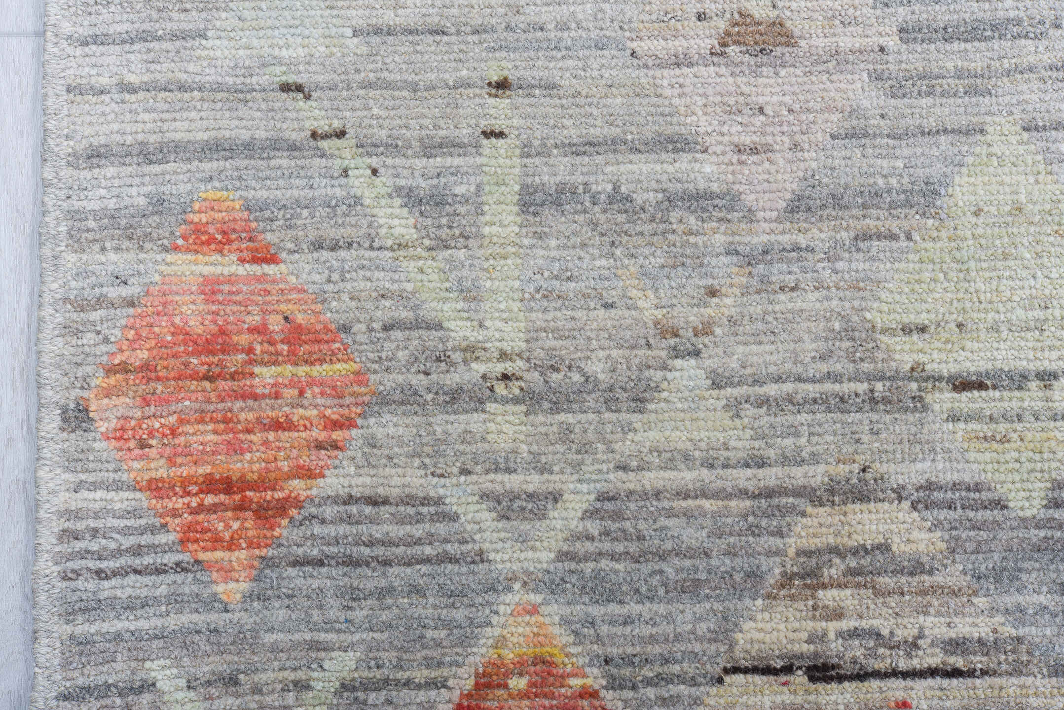 10' x 13' one-of-a-kind handmade vintage Tulu large size rug. Color palette: gray, ivory, cream, pale blue, coral, saffron